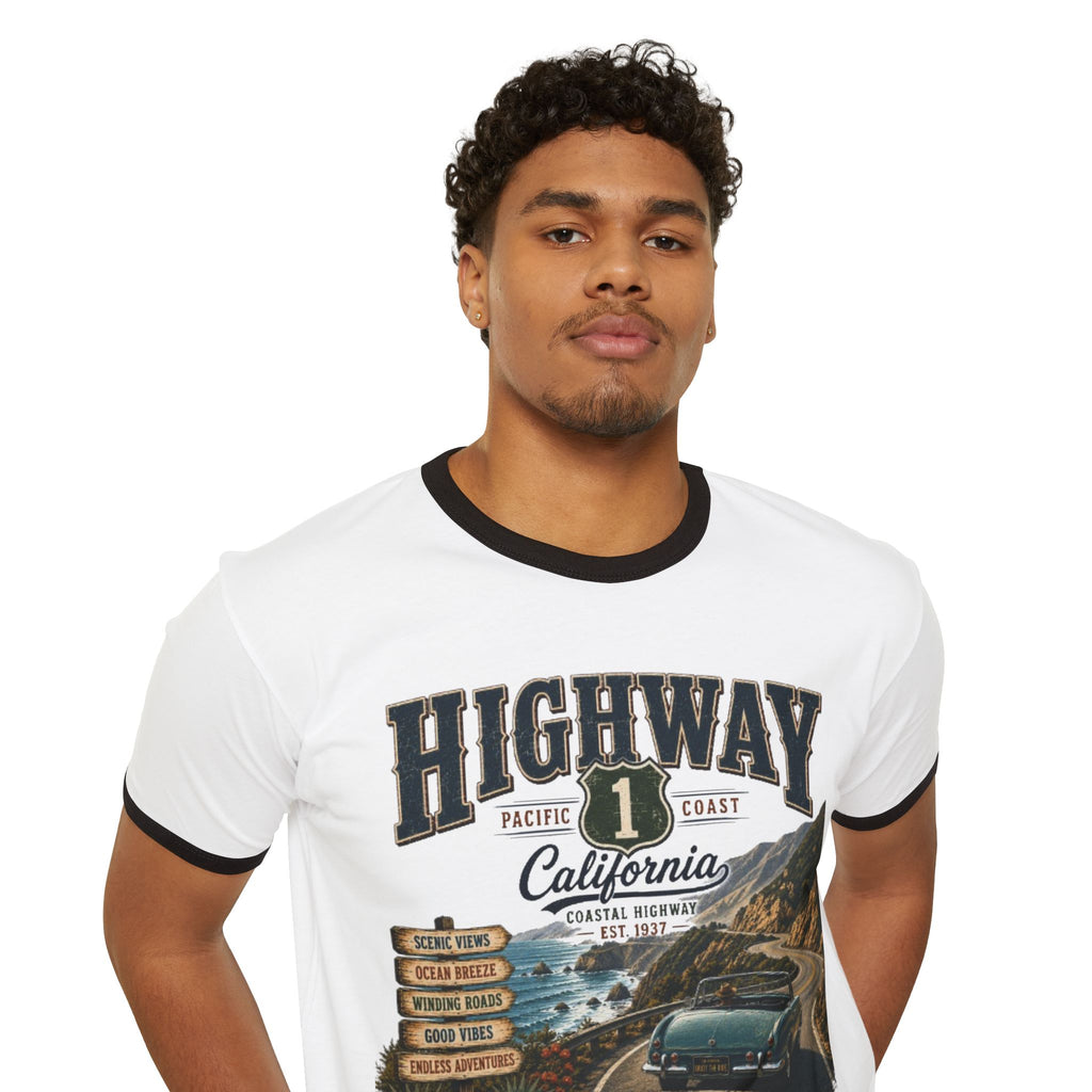 Highway 1 California Ringer T-Shirt — Vintage Coastal Road Trip Graphic Tee