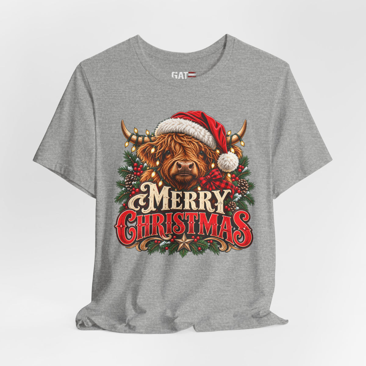 heather grey Highland cow Santa hat Merry Christmas graphic T-shirt, styled front view