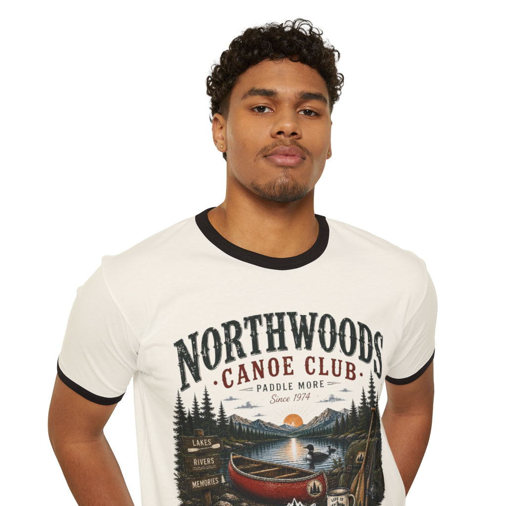 Northwoods Canoe Club Ringer T-Shirt — Vintage Camping Lake Graphic