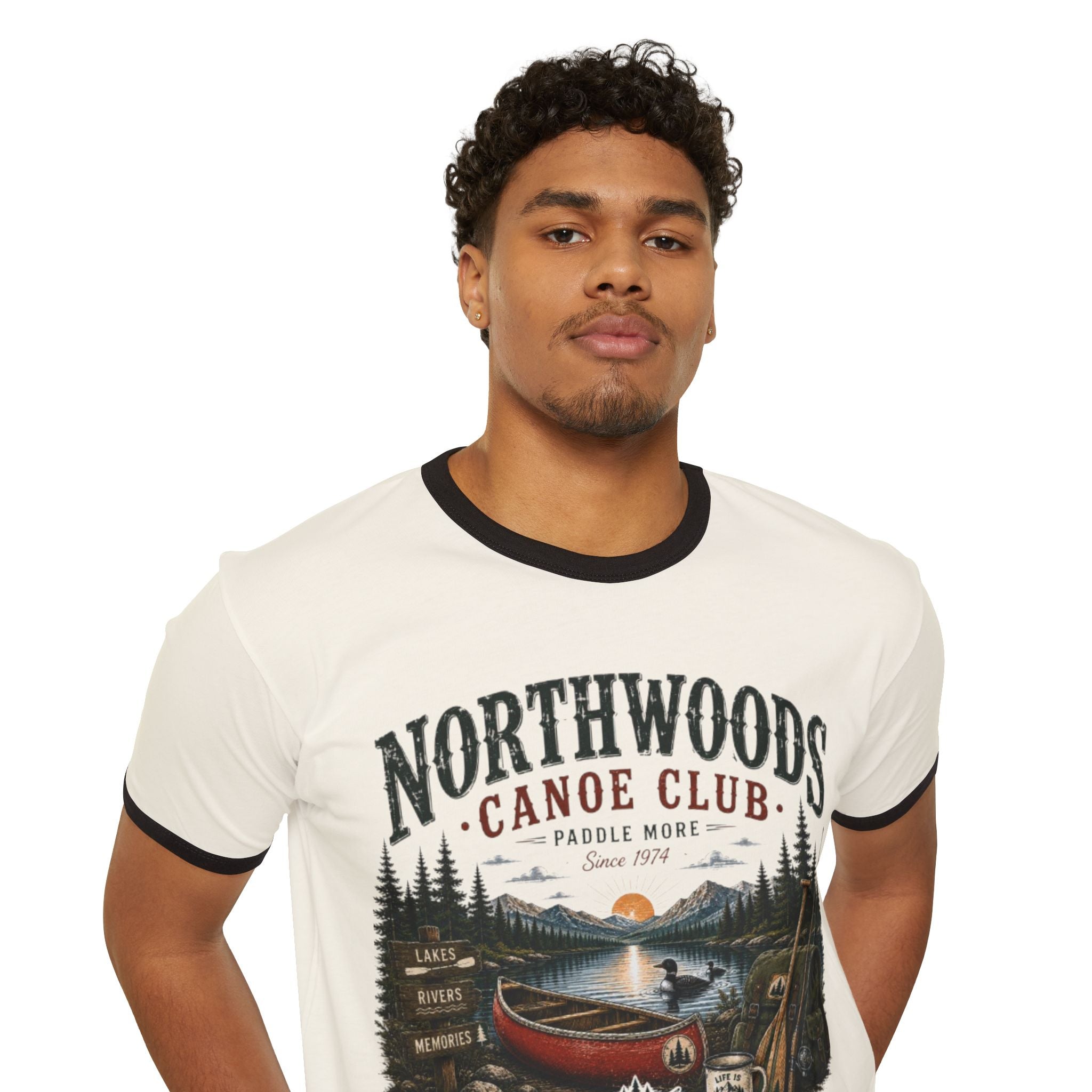 Northwoods Canoe Club Ringer T-Shirt — Vintage Camping Lake Graphic
