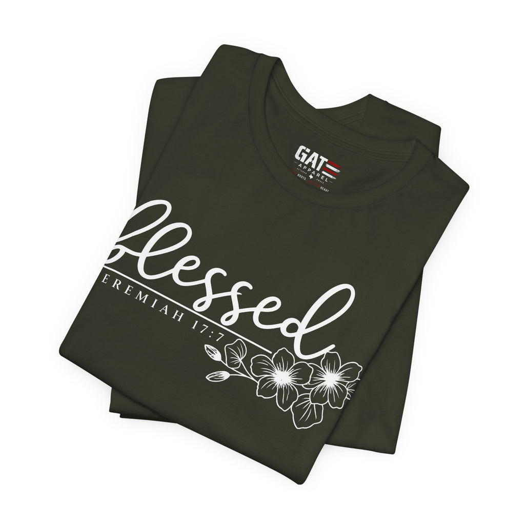 Blessed Floral Tee — 'Blessed' Script T-Shirt with Jeremiah 17:7 Bible Verse