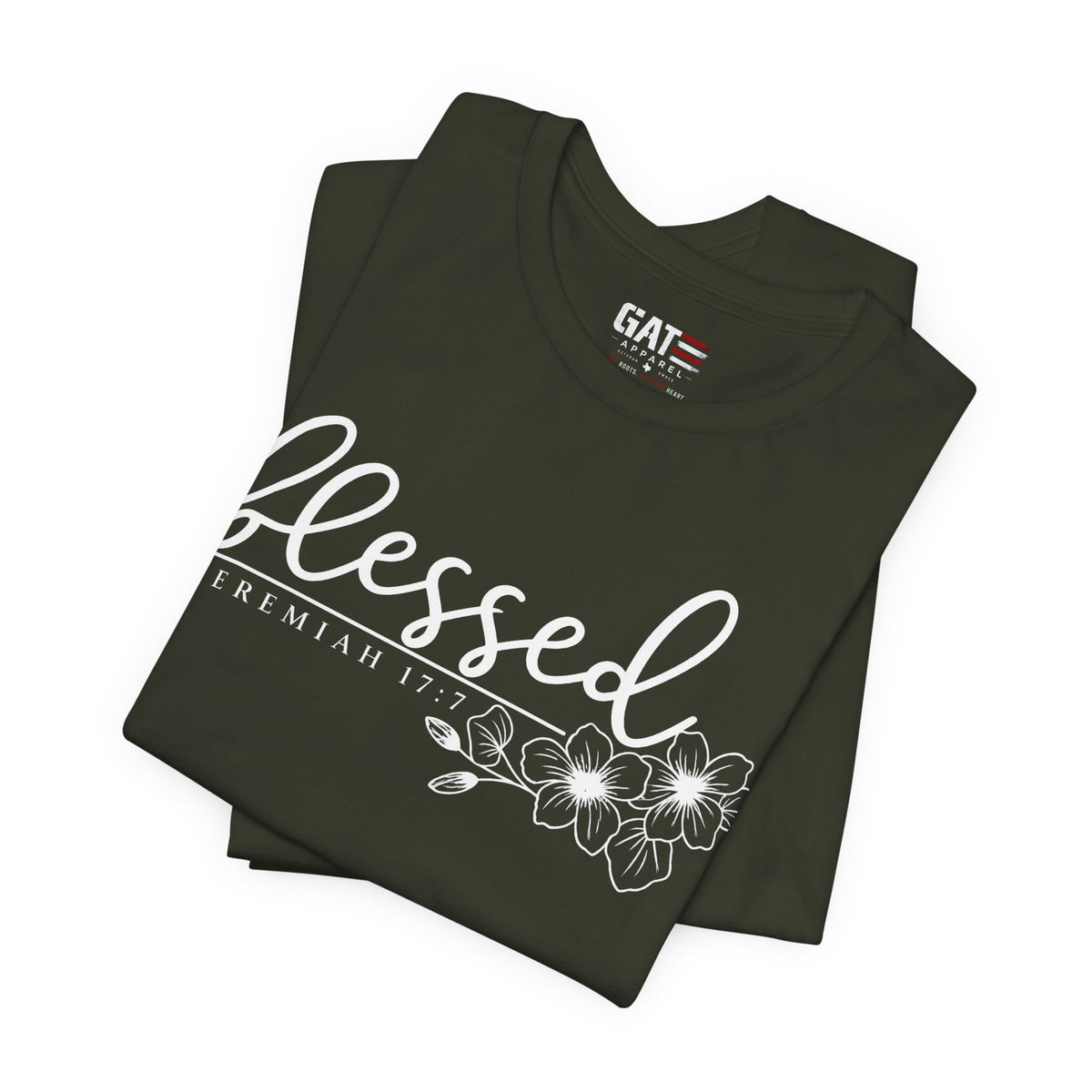 Blessed Floral Tee — 'Blessed' Script T-Shirt with Jeremiah 17:7 Bible Verse