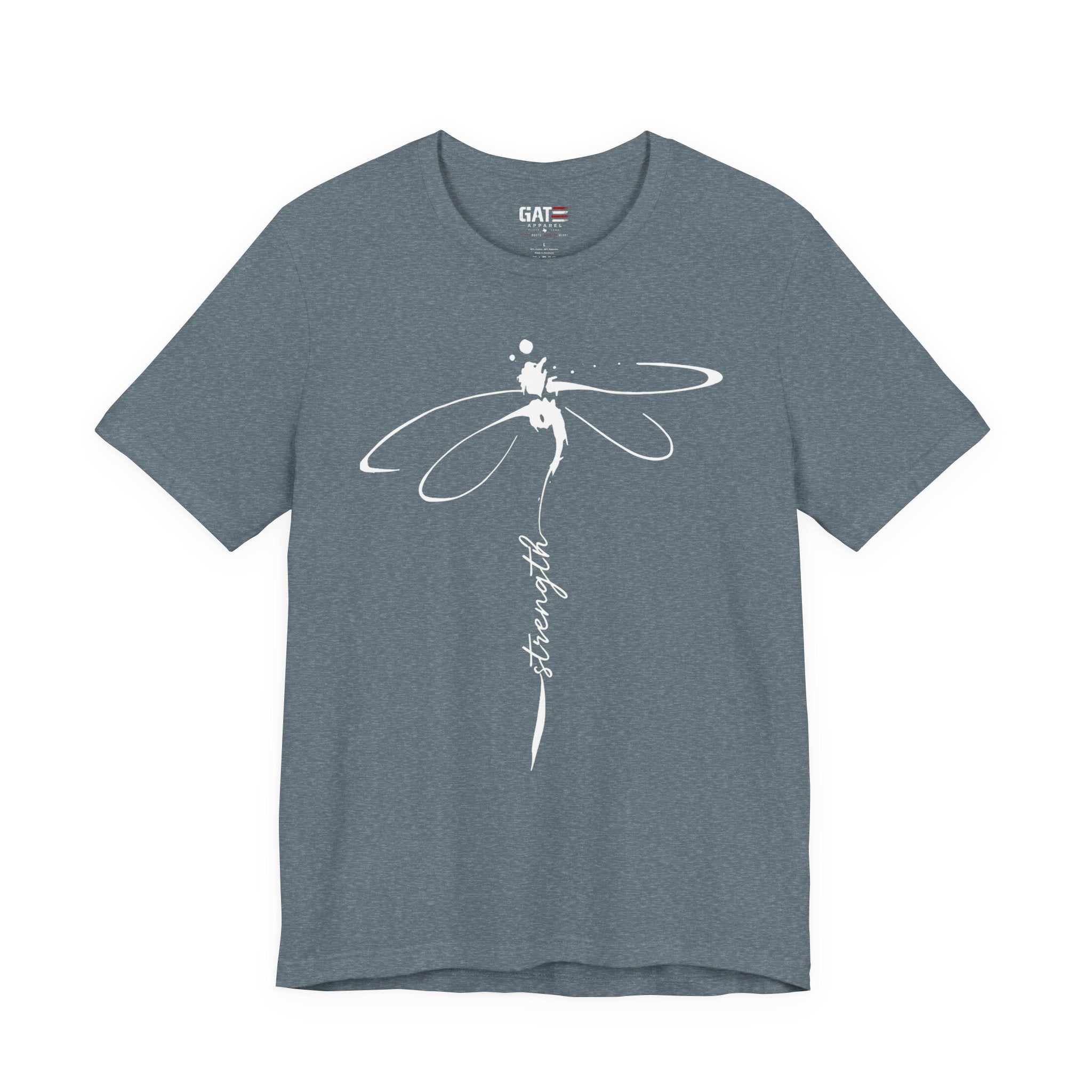 Dragonfly Graphic Tee — 'Strong' Script Floral Design