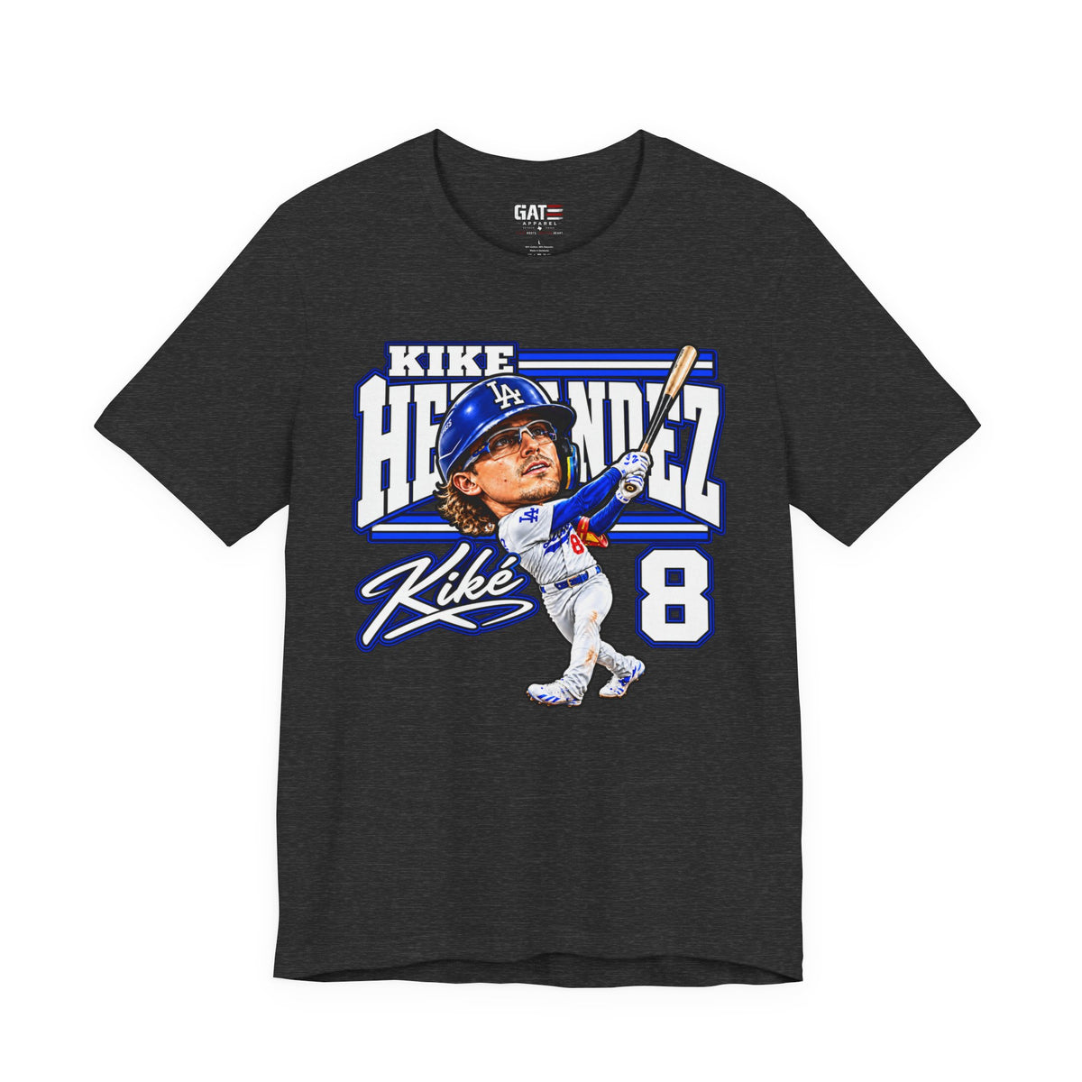 Kiké Hernández number 8 Dodgers baseball graphic T-shirt, dark heather grey front view