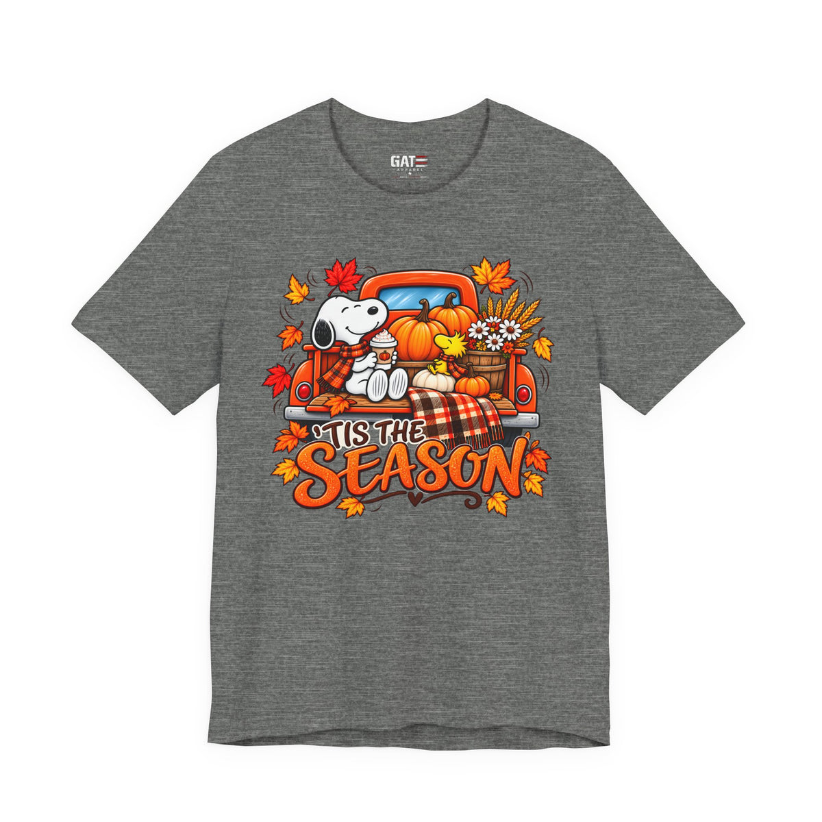 Snoopy pumpkin truck Tis the Season fall graphic T-shirt, dark heather grey front view