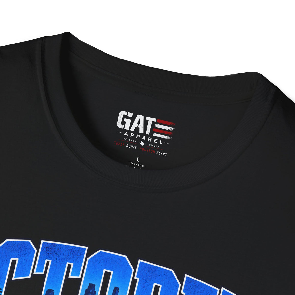 black October in LA baseball graphic T-shirt, neckline and GAT label close-up