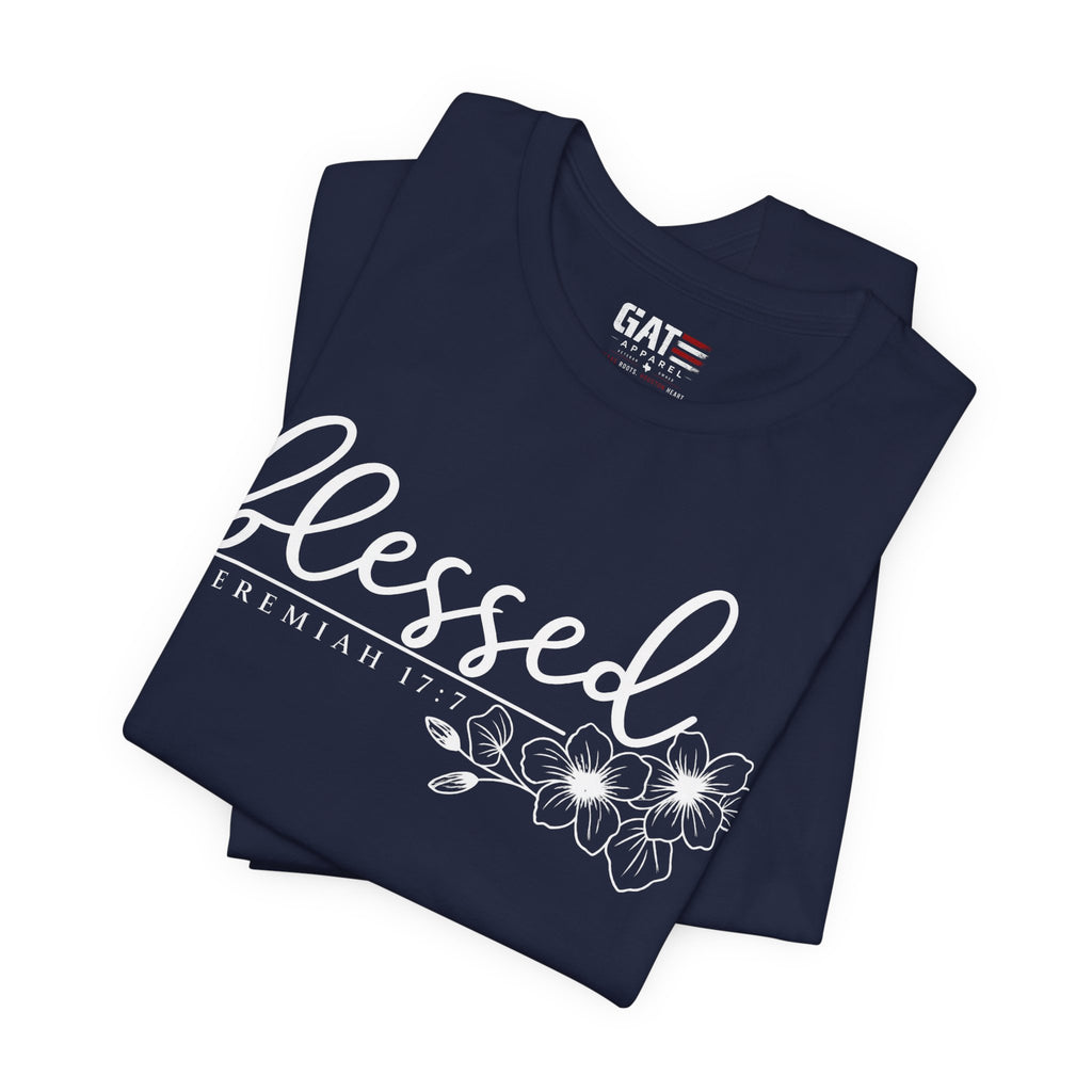 Blessed Floral Tee — 'Blessed' Script T-Shirt with Jeremiah 17:7 Bible Verse