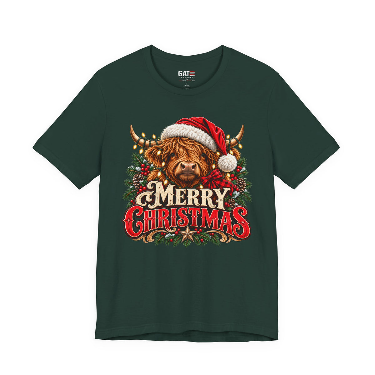 Highland cow Santa hat Merry Christmas graphic T-shirt, forest green front view