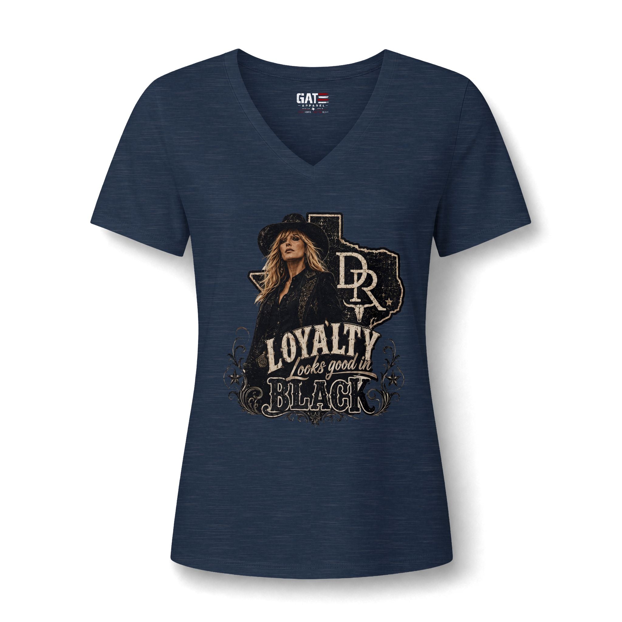 Women's V-Neck Tee — "Loyalty Looks Good in Black" Graphic