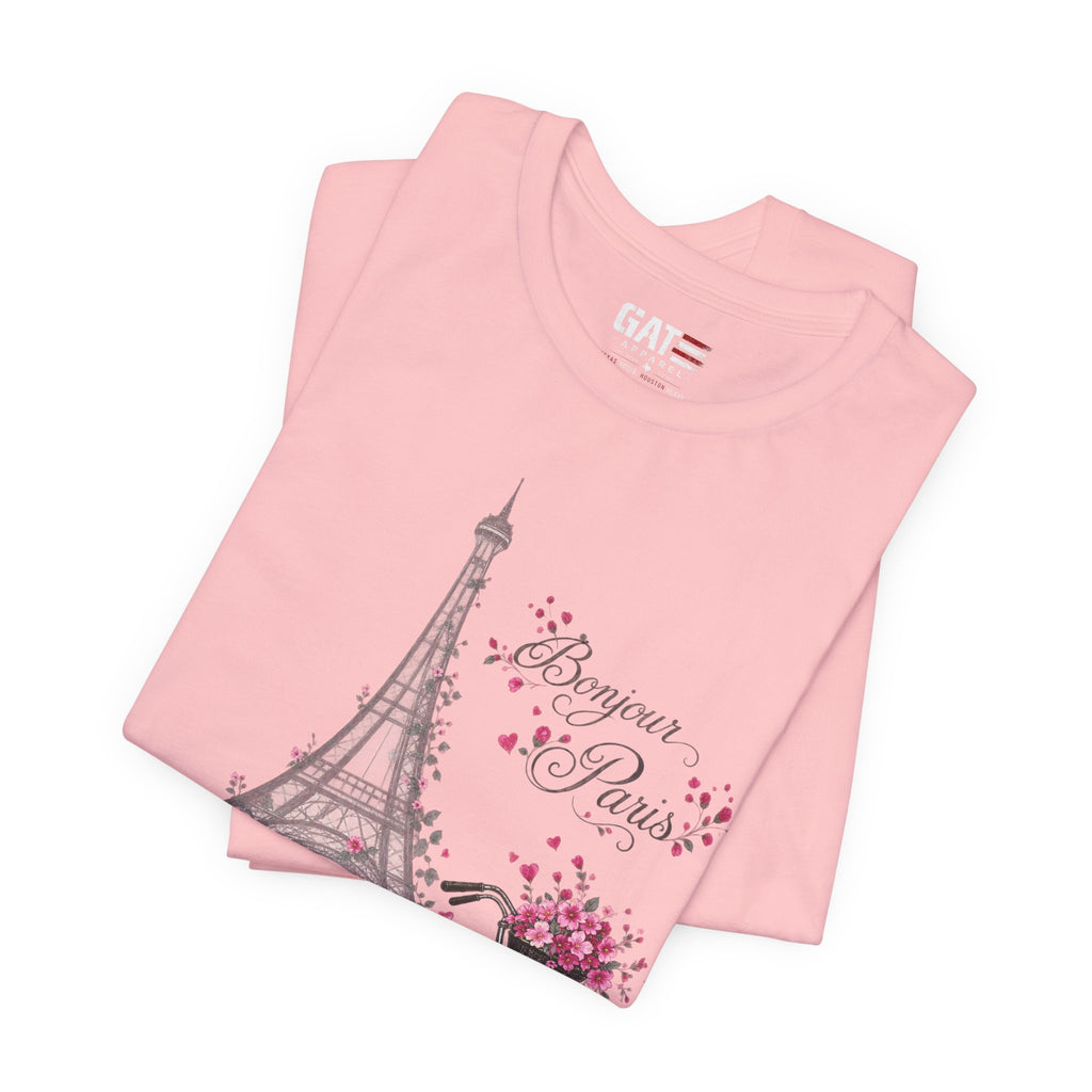 Bonjour Paris Eiffel Tower Bicycle Floral Graphic T-Shirt - alternate product image