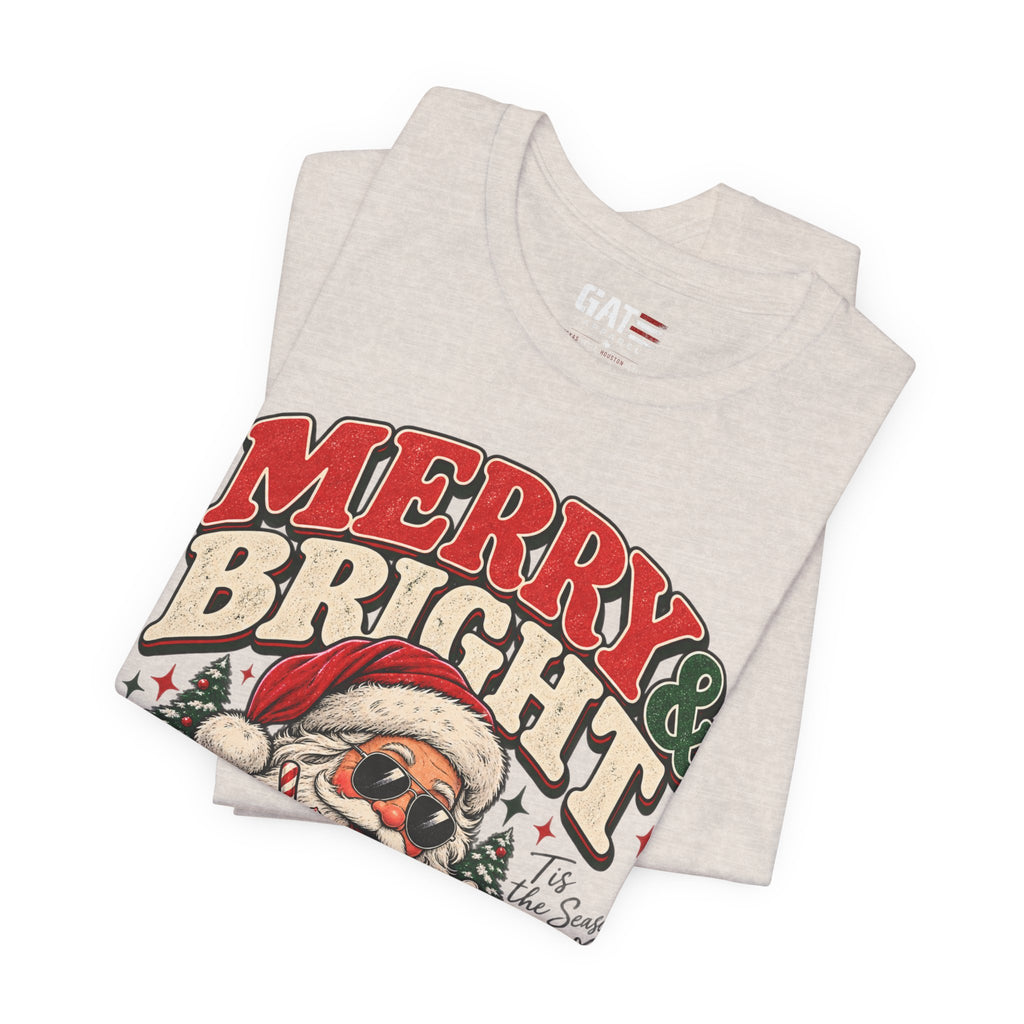 Merry & Bright Santa Tee – Retro Christmas Short Sleeve Shirt