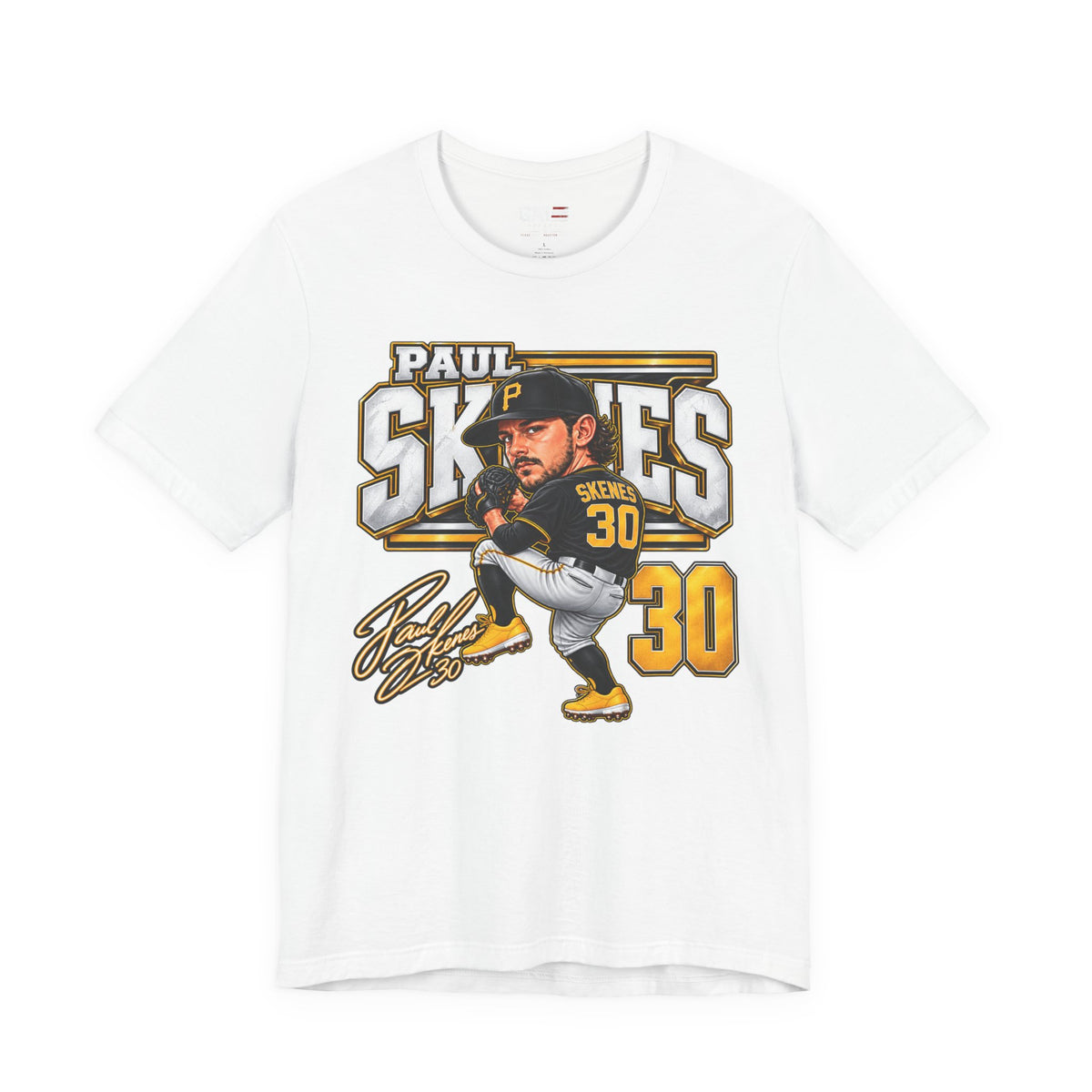 Paul Skenes number 30 Pirates baseball graphic T-shirt, white front view
