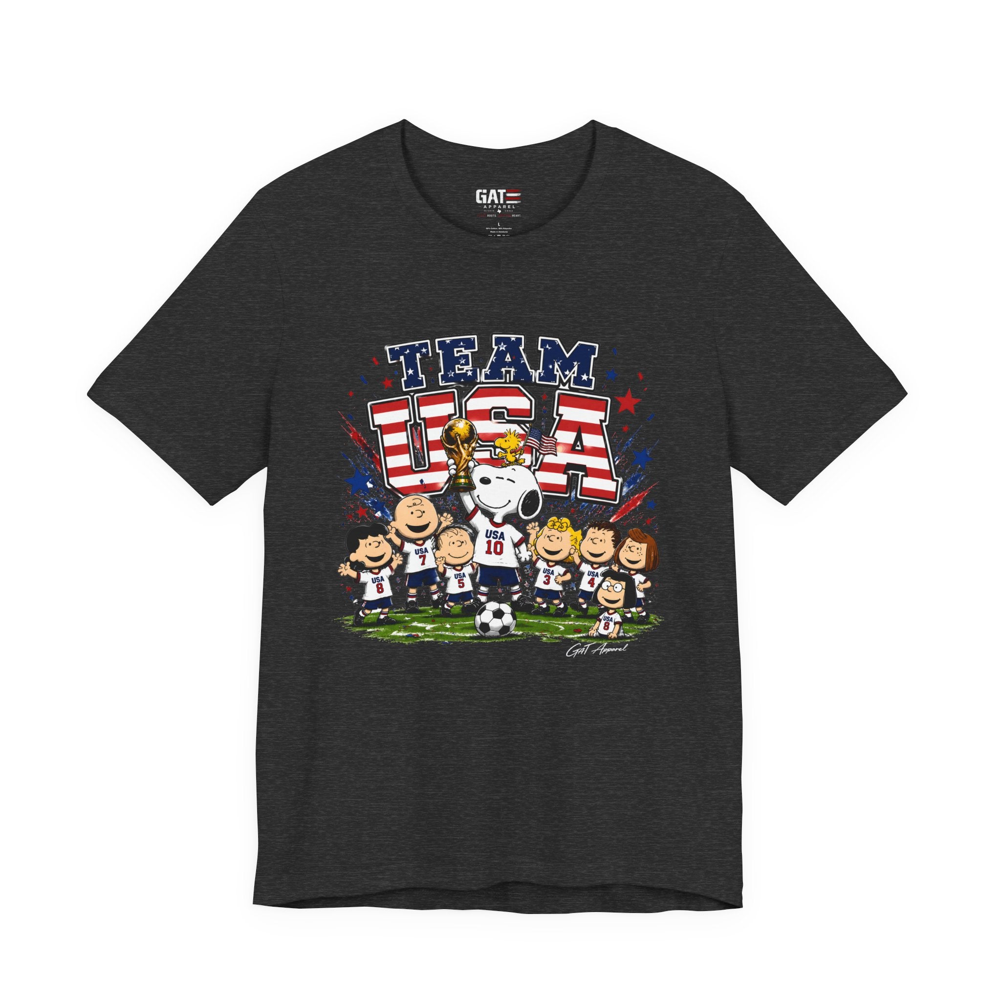 Team USA Soccer Peanuts Gang Shirt Patriotic Snoopy & Friends World Cup Celebration Tee