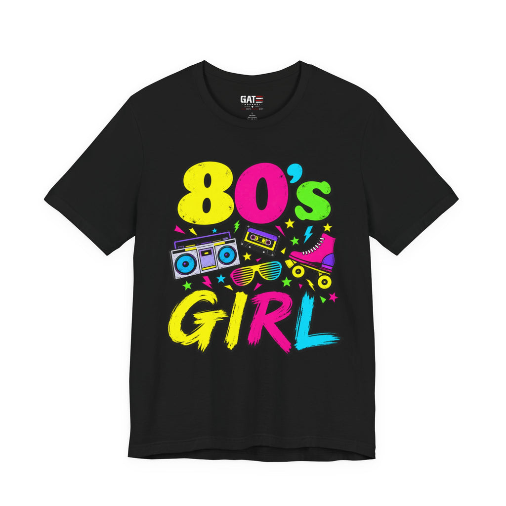 80s Girl retro graphic T-shirt with neon lettering and boombox artwork