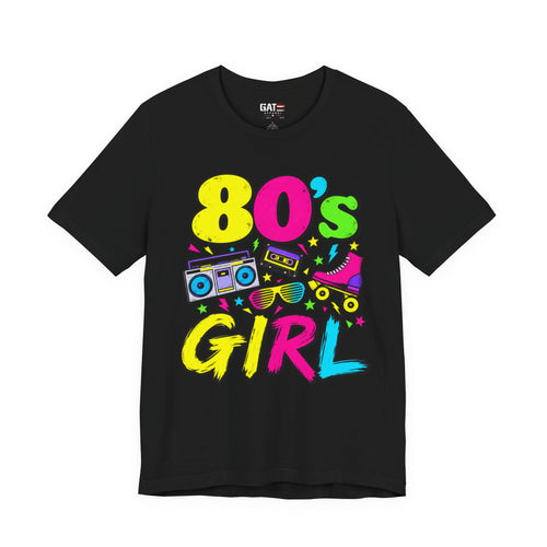 80s Girl retro graphic T-shirt with neon lettering and boombox artwork