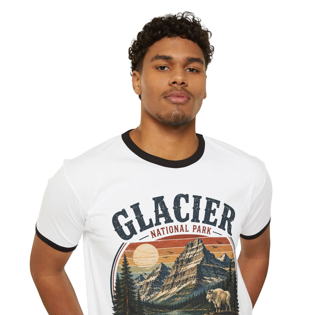 Glacier National Park Montana Ringer T-Shirt — Vintage Mountain & Grizzly Design