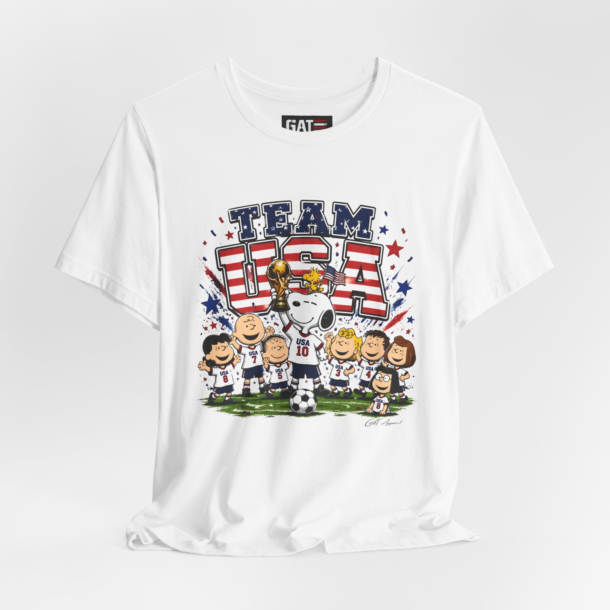 Team USA Soccer Peanuts Gang Shirt Patriotic Snoopy & Friends World Cup Celebration Tee