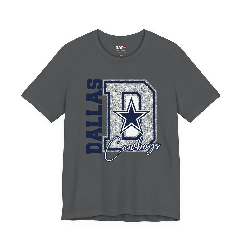 Dallas Football Glitter D Shirt, Blue and Silver Game Day Tee, Western Script Graphic Shirt, Sparkle Fan Apparel