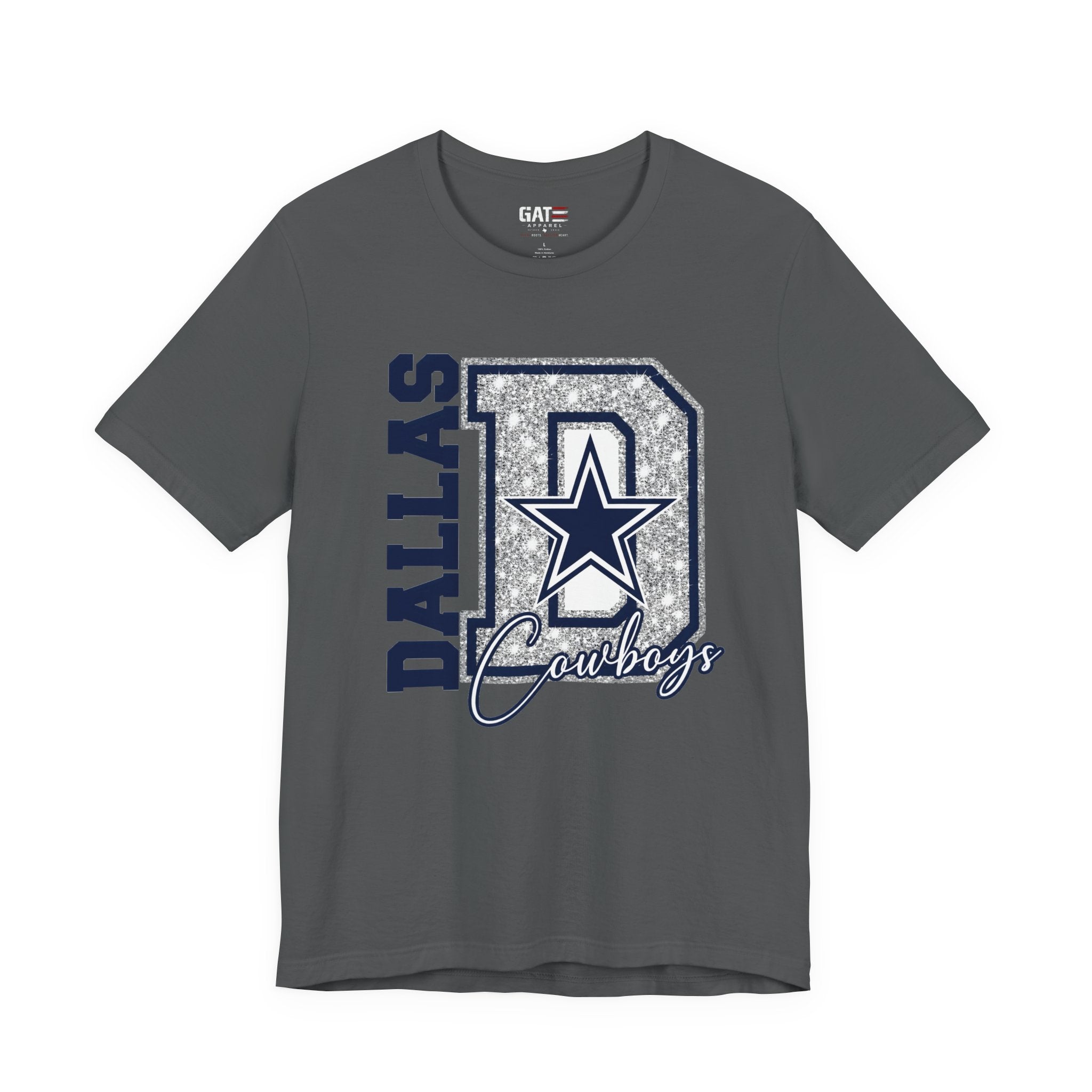 Dallas Football Glitter D Shirt, Blue and Silver Game Day Tee, Western Script Graphic Shirt, Sparkle Fan Apparel