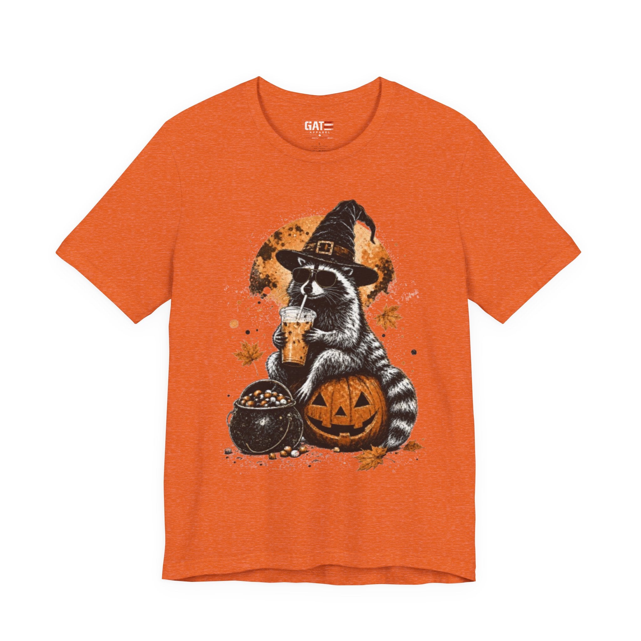Halloween Raccoon Witch T-Shirt — Pumpkin & Cauldron Spooky Tee