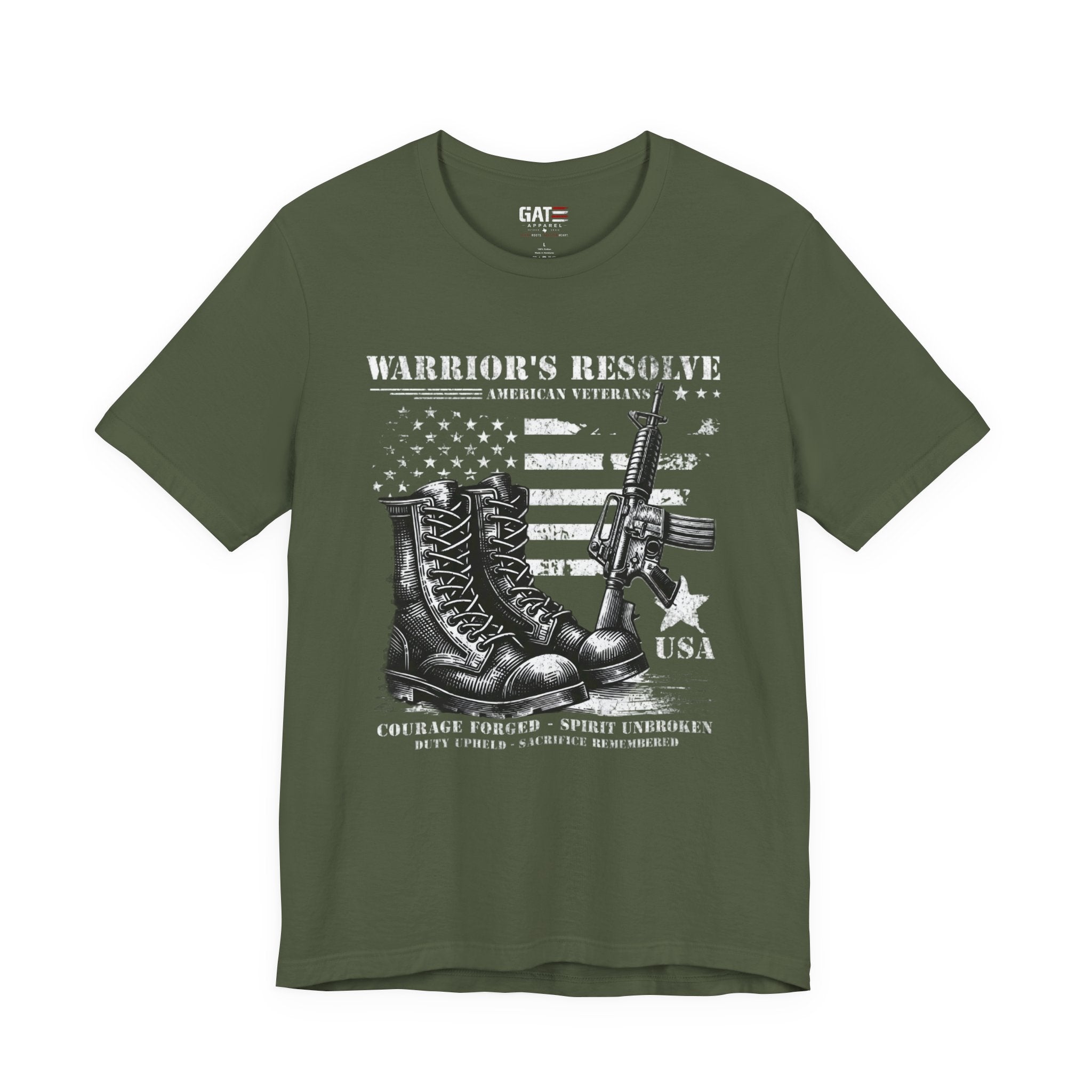 Warrior's Resolve Boots & Flag graphic Tee | Veteran USA Military Shirt