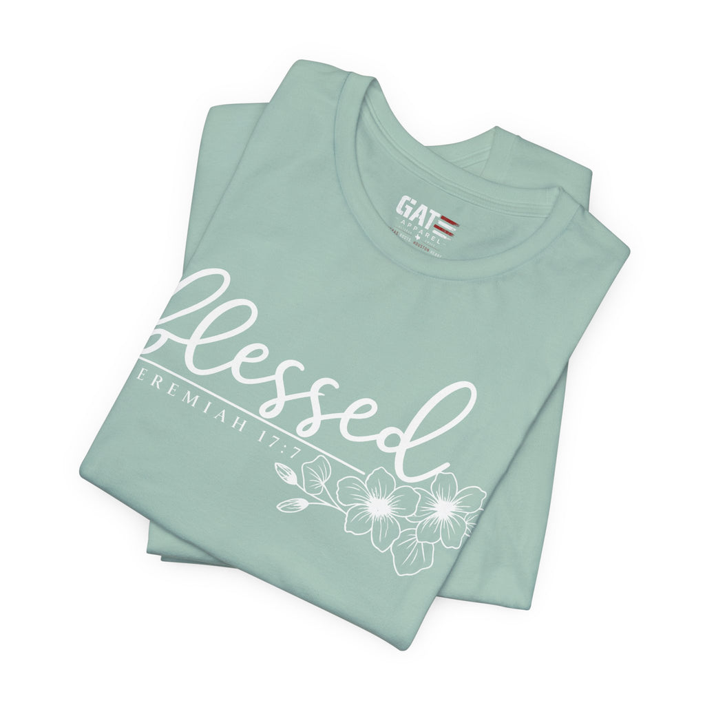 Blessed Floral Tee — 'Blessed' Script T-Shirt with Jeremiah 17:7 Bible Verse