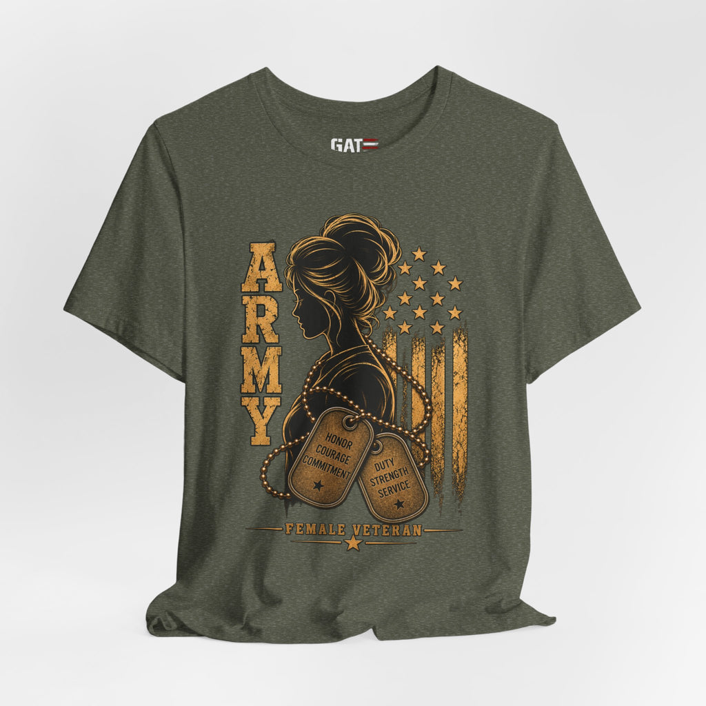 Female Army Vet Tee – Proud Military Mom Shirt with Dog Tags & American Flag