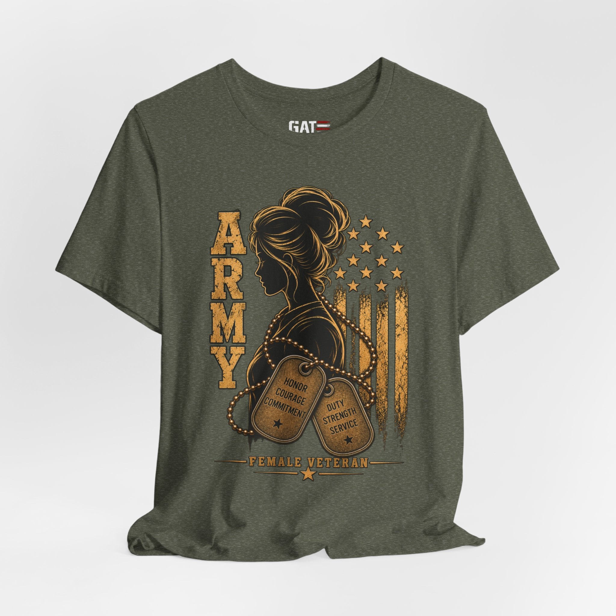 Female Army Vet Tee – Proud Military Mom Shirt with Dog Tags & American Flag