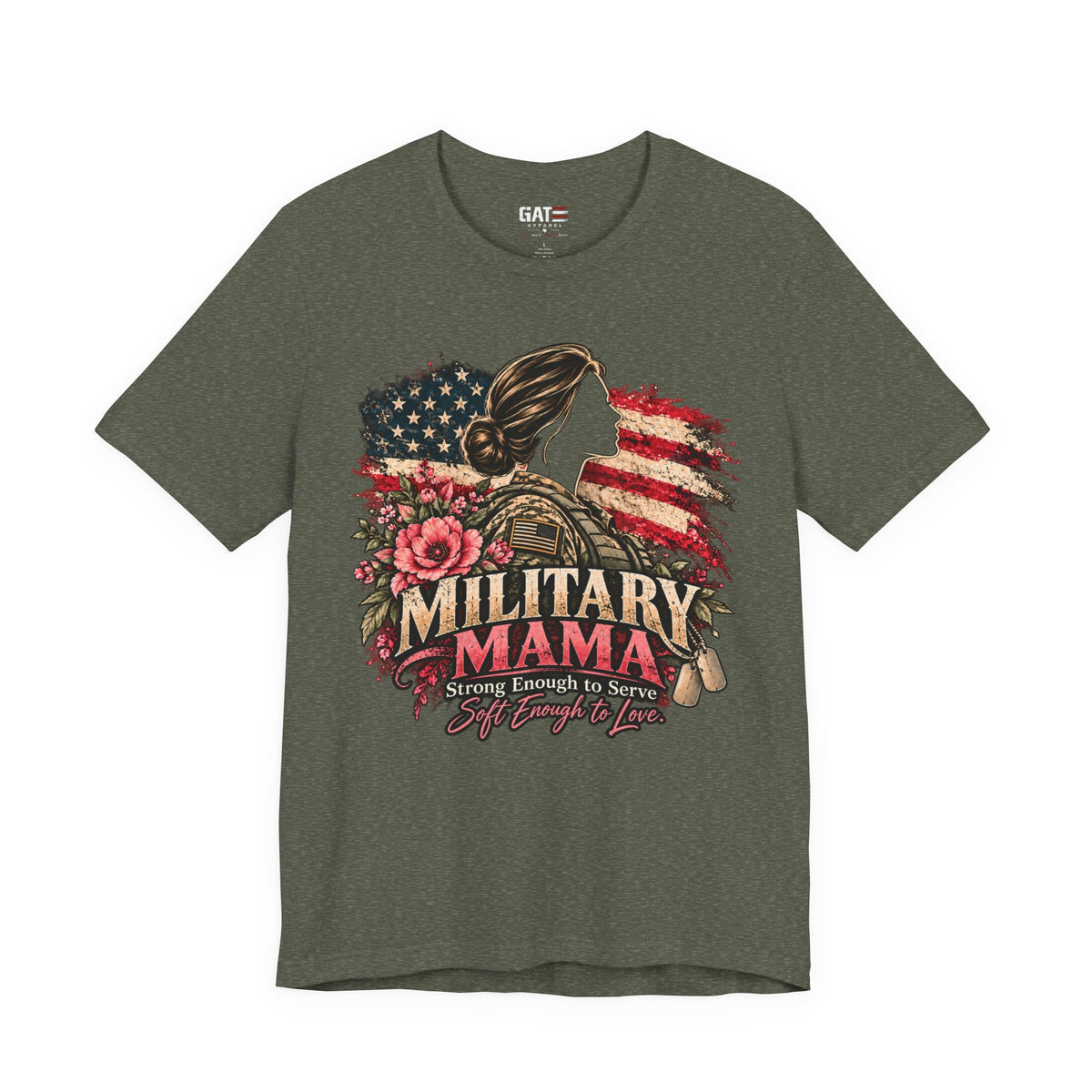 Military Mama Tee — Patriotic Mom Shirt with American Flag & Floral Combat Design