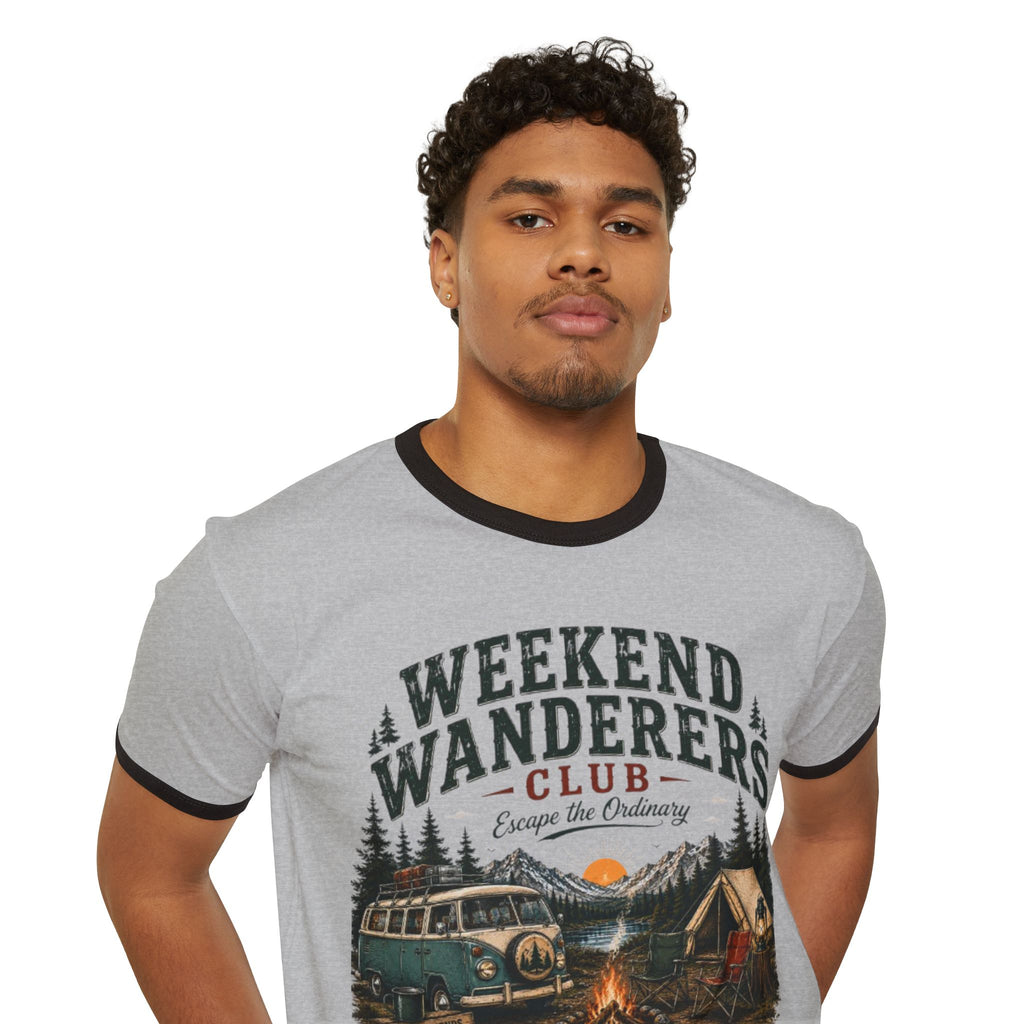 Weekend Wanderers Club Ringer Tee – Vintage Camping Van & Campfire T-Shirt