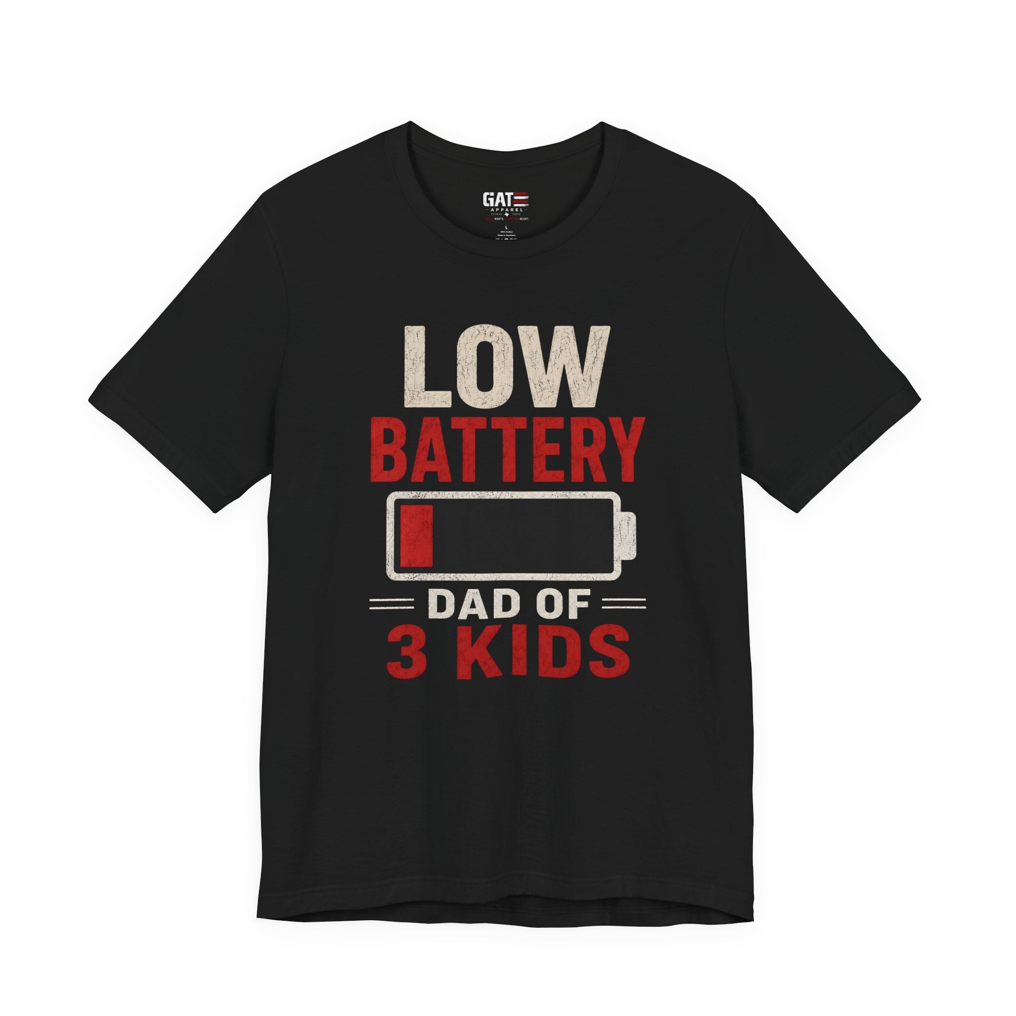 Low Battery Dad of 3 Kids Shirt, Funny Tired Dad Tee, Father of Four Gift, Parenting Humor Shirt, Exhausted Dad Graphic Tee