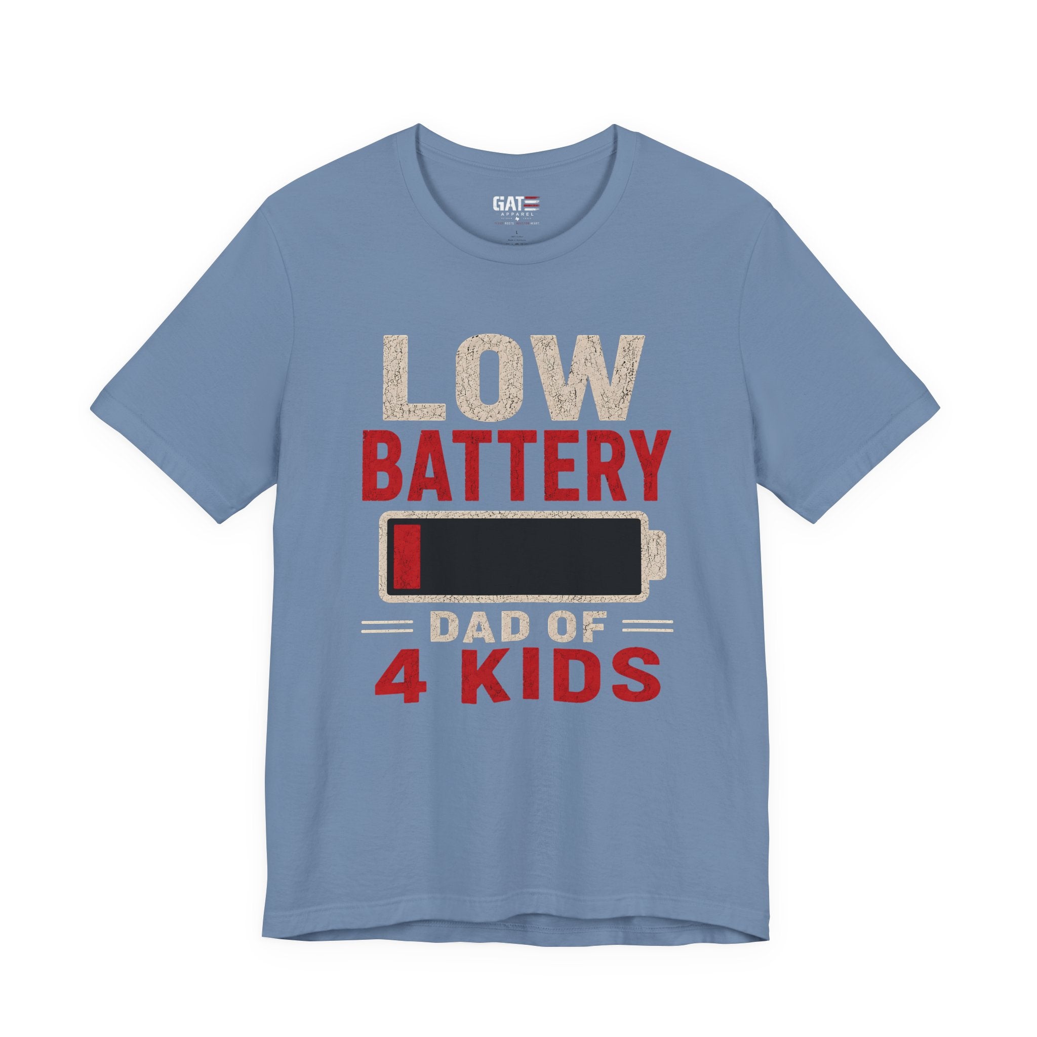 Low Battery Dad of 4 Kids Shirt, Funny Tired Dad Tee, Father of Four Gift, Parenting Humor Shirt, Exhausted Dad Graphic Tee