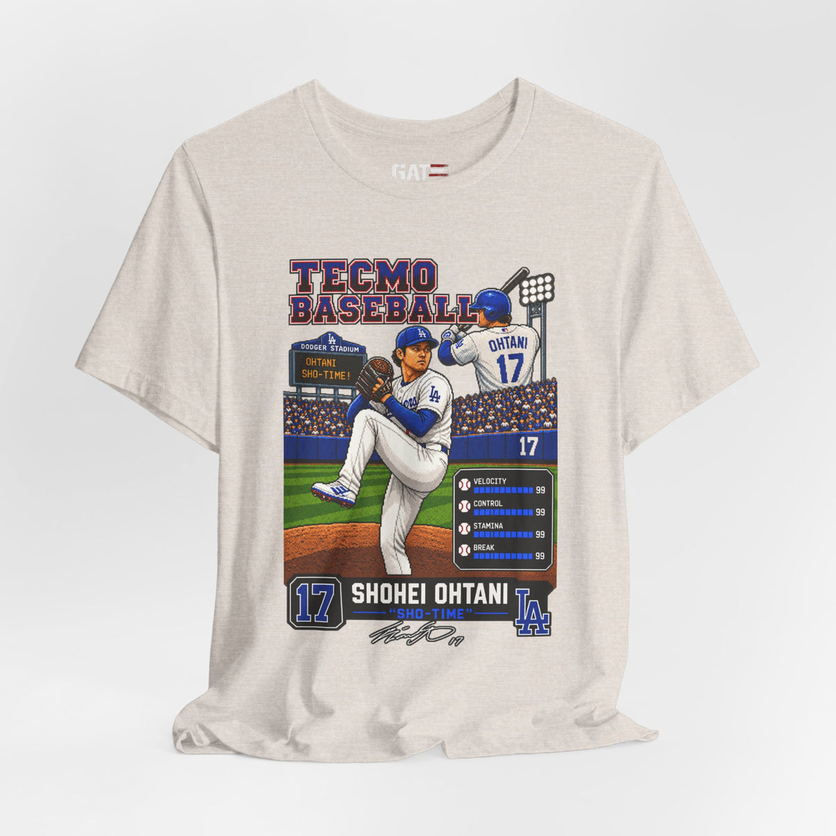 Shohei Ohtani Los Angeles Dodgers Retro Baseball Card Graphic Tee — 'Tecmo Baseball' Design