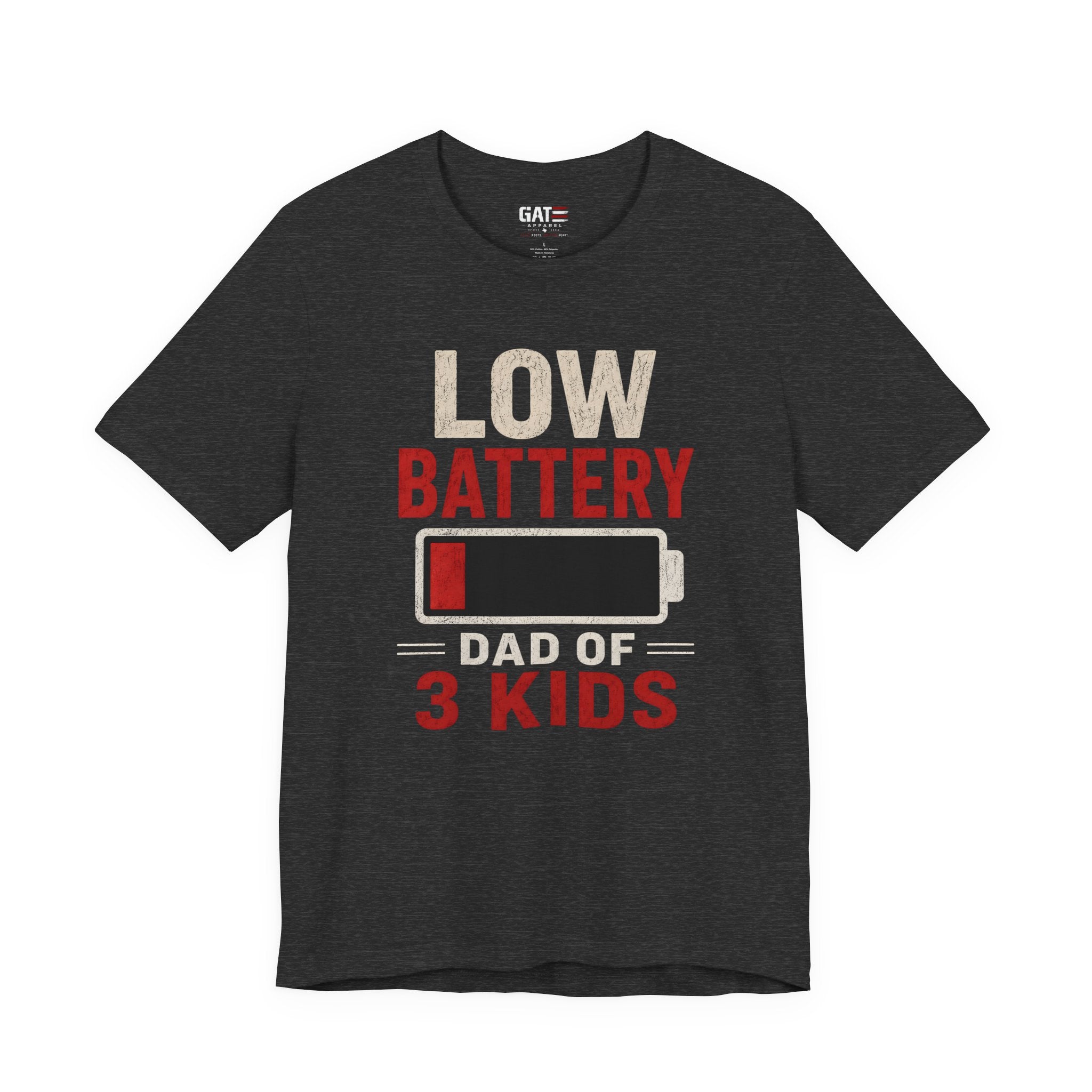 Low Battery Dad of 3 Kids Shirt, Funny Tired Dad Tee, Father of Four Gift, Parenting Humor Shirt, Exhausted Dad Graphic Tee