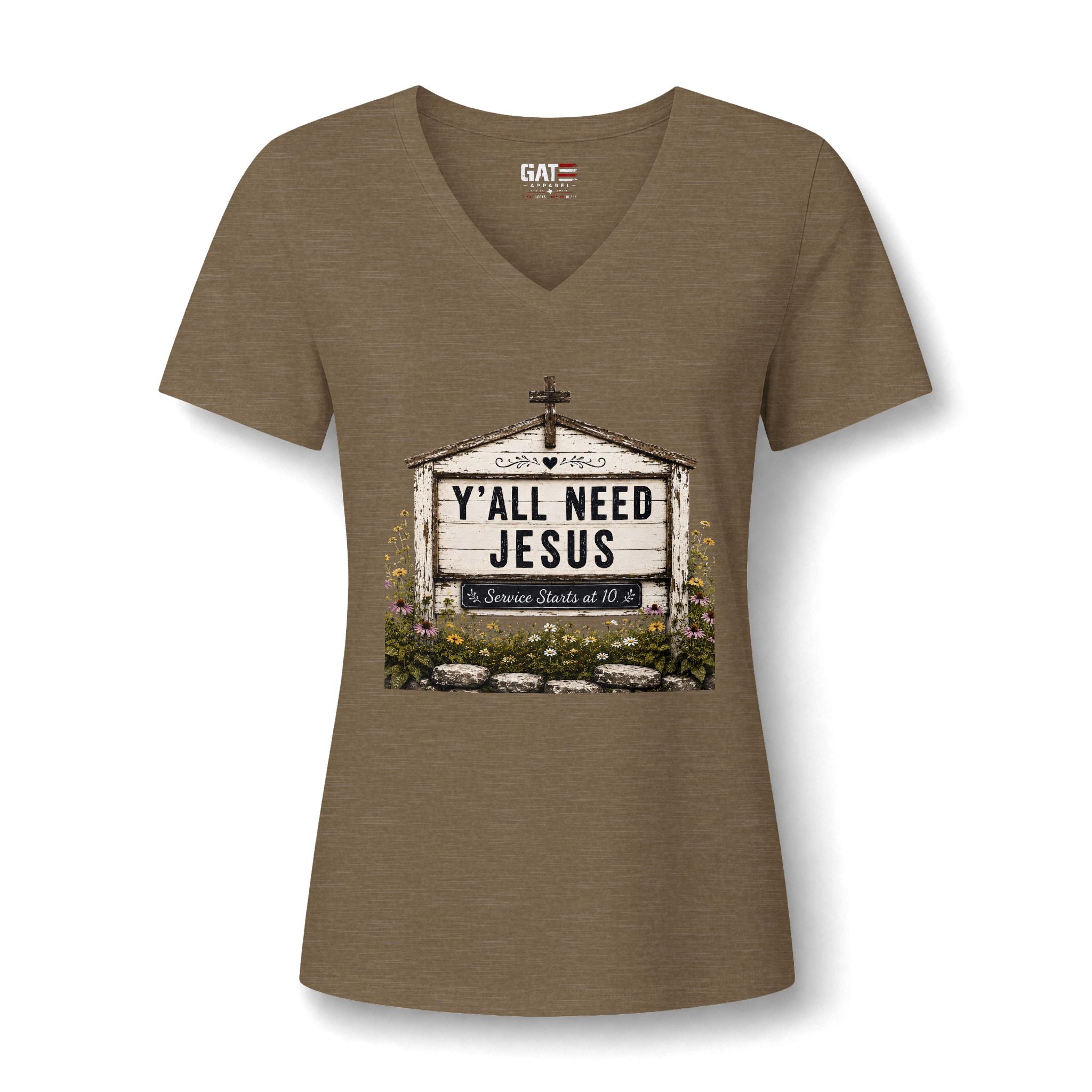 Women's V-Neck Tee - 'Y'all Need Jesus' Church Marquee Faith Shirt