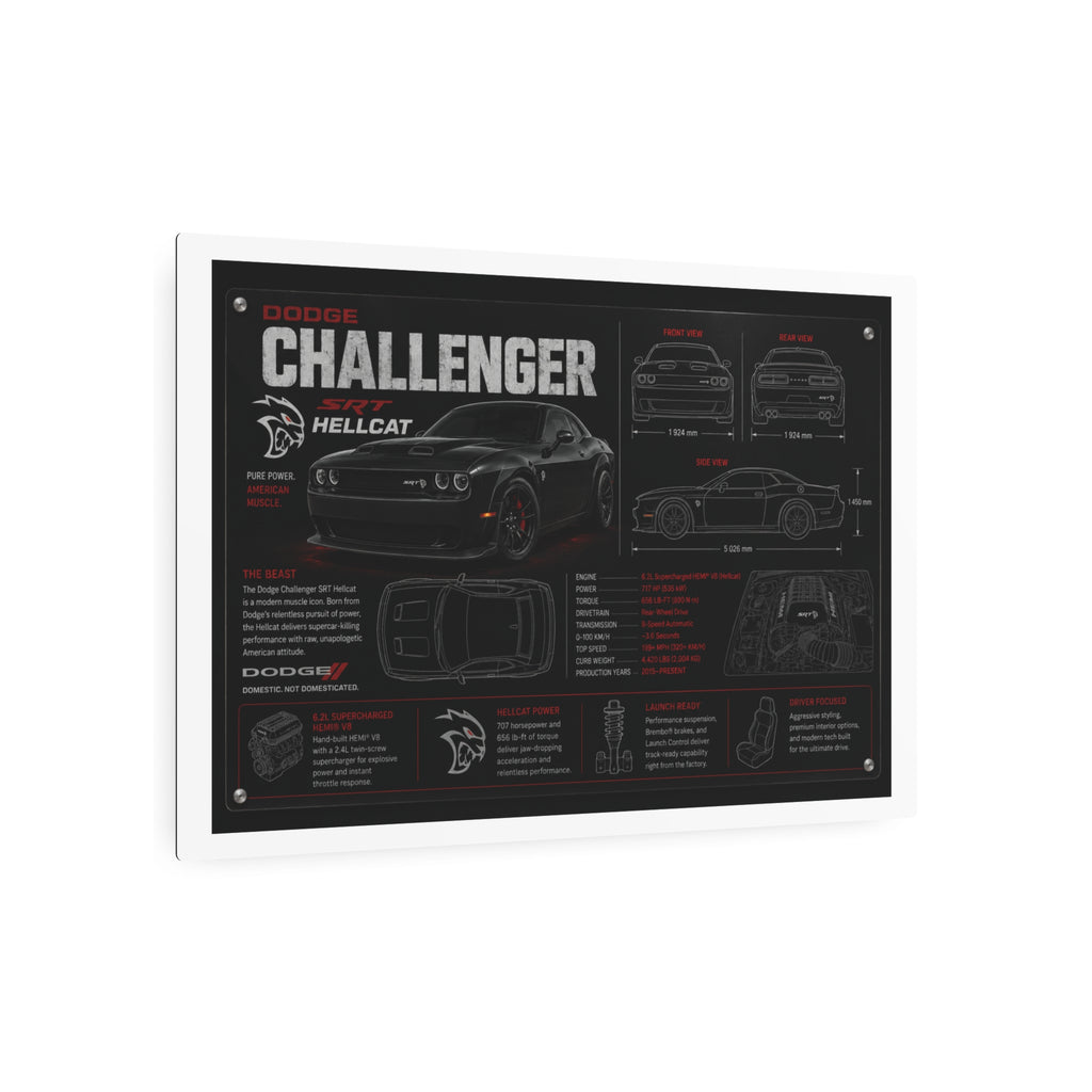 Dodge Challenger Hellcat Blueprint Metal Art Sign – Automotive Garage Poster