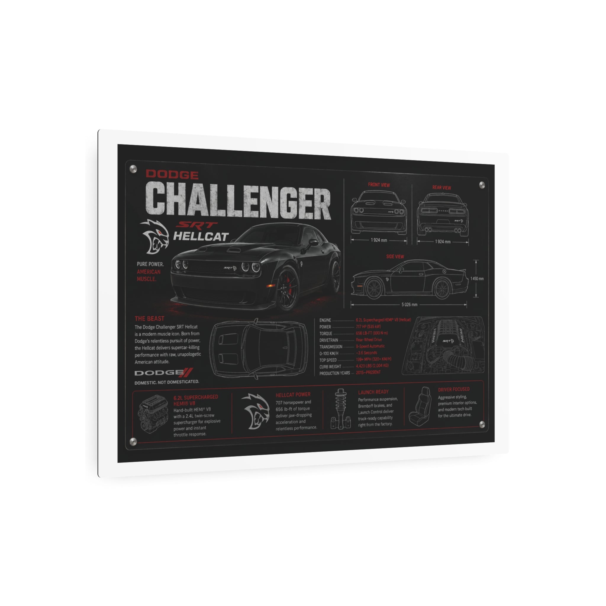 Dodge Challenger Hellcat Blueprint Metal Art Sign – Automotive Garage Poster