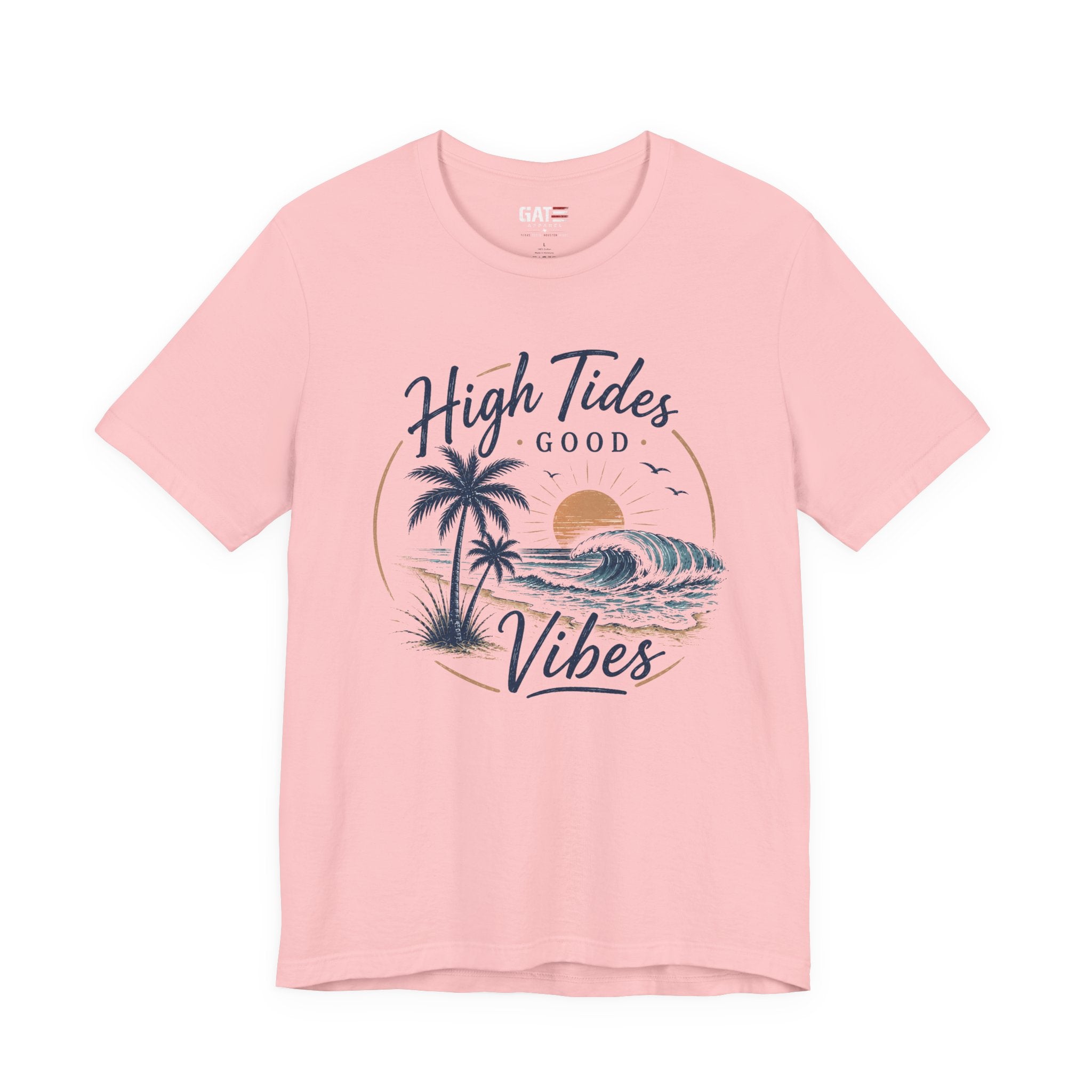 High Tides Good Vibes Beach T-Shirt — Sunset Palm Wave Graphic Tee