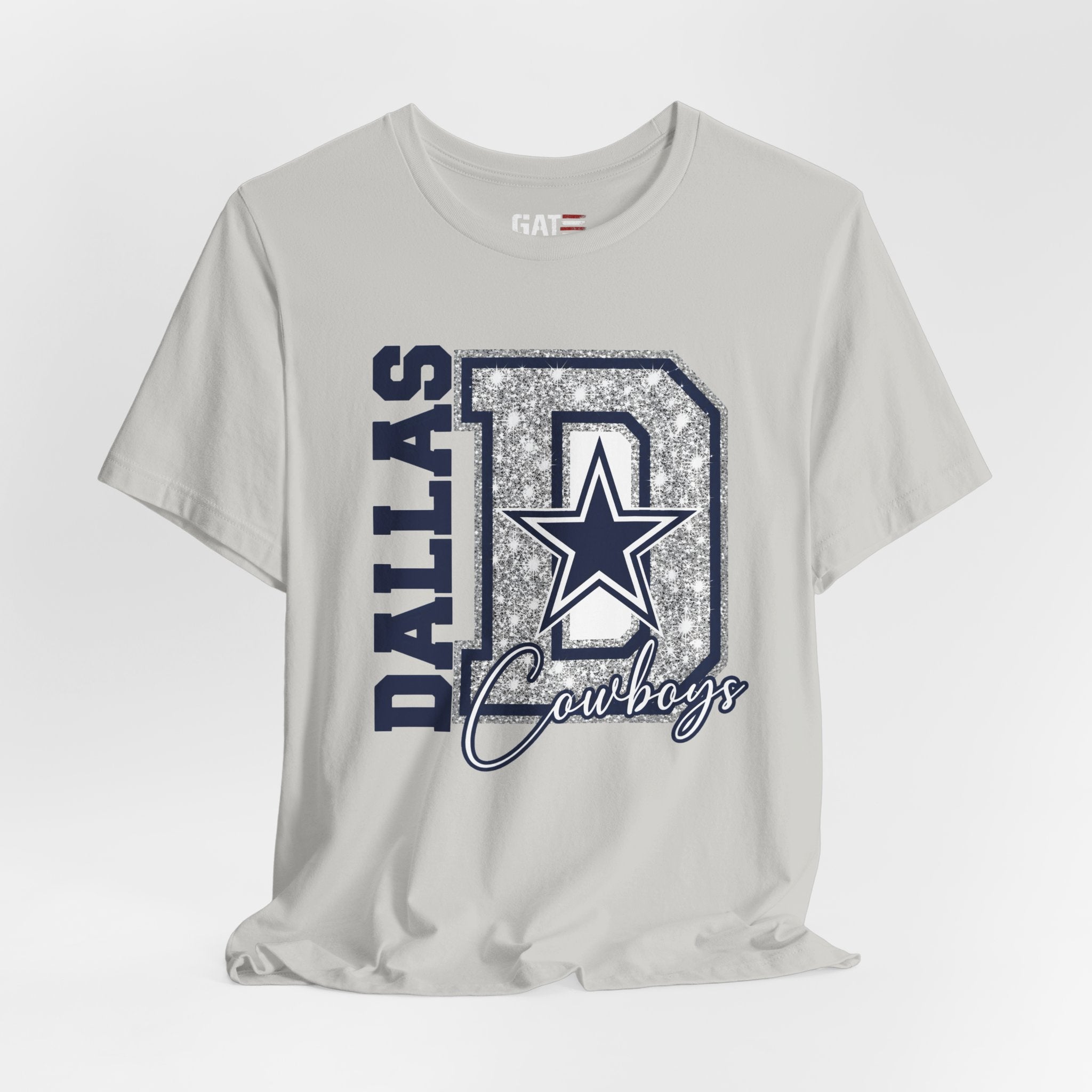 Dallas Football Glitter D Shirt, Blue and Silver Game Day Tee, Western Script Graphic Shirt, Sparkle Fan Apparel