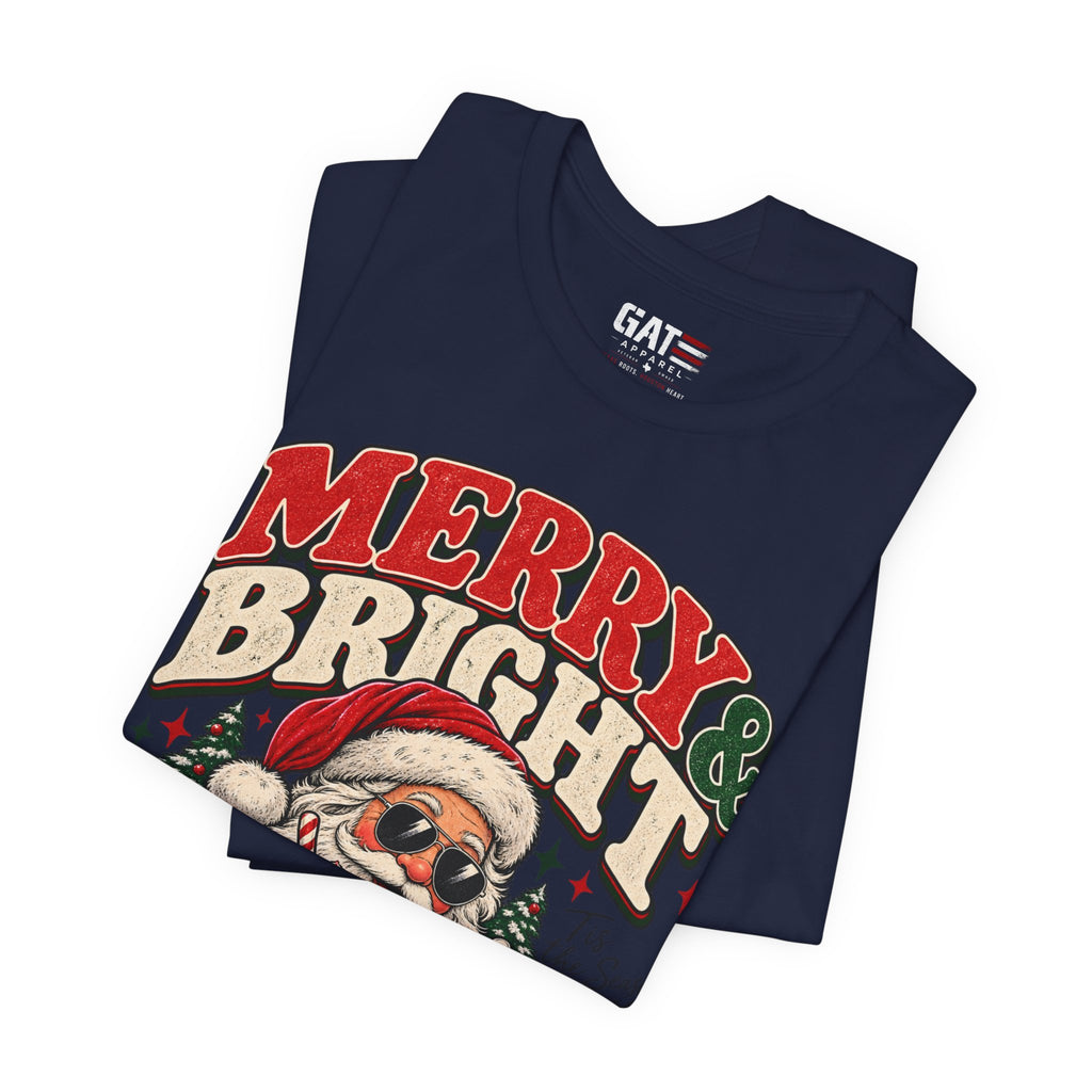 Merry & Bright Santa Tee – Retro Christmas Short Sleeve Shirt