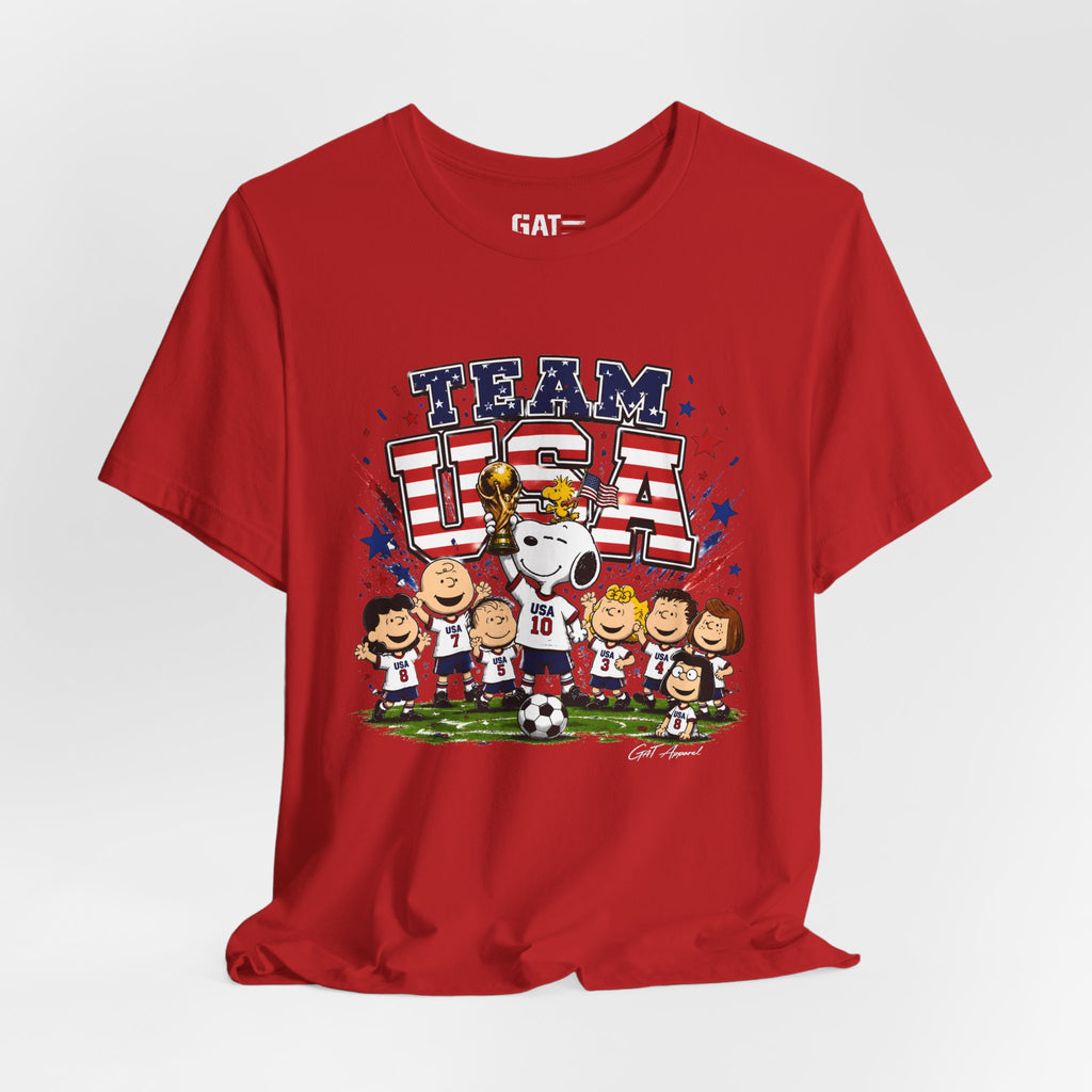 Team USA Soccer Peanuts Gang Shirt Patriotic Snoopy & Friends World Cup Celebration Tee