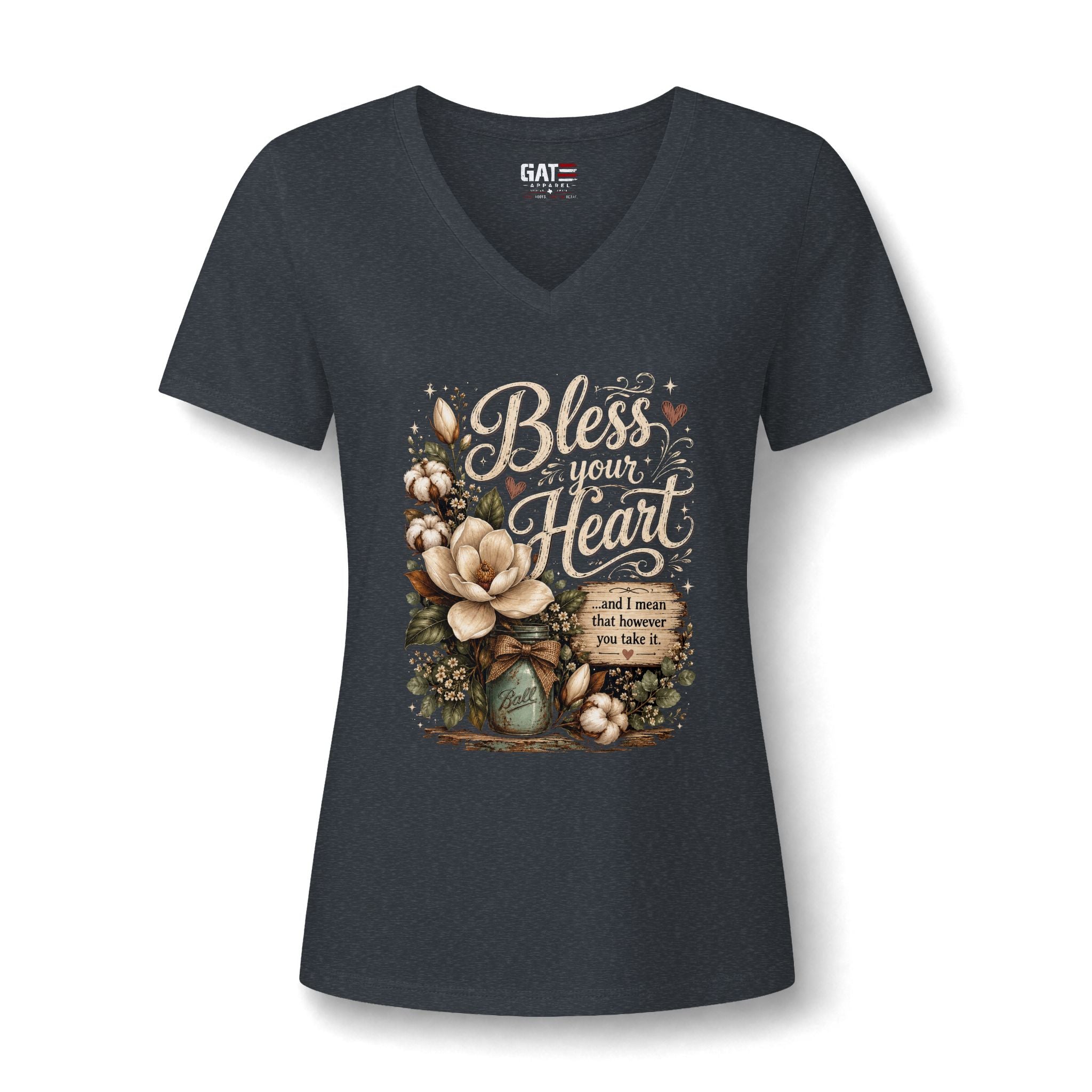 Bless Your Heart V-Neck Tee — Floral Southern Faith Graphic