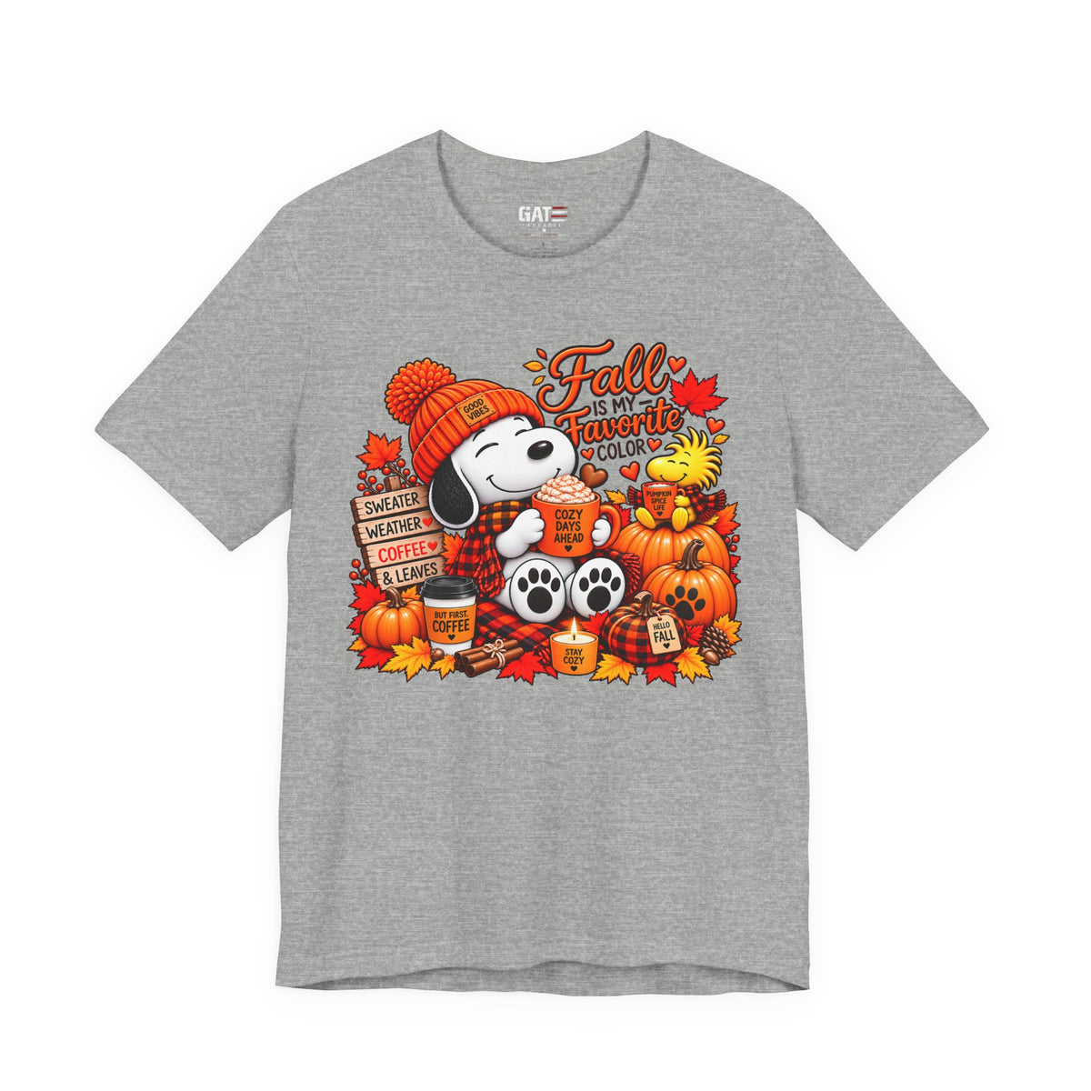 Snoopy Fall Is in the Air pumpkin graphic T-shirt, heather grey front view