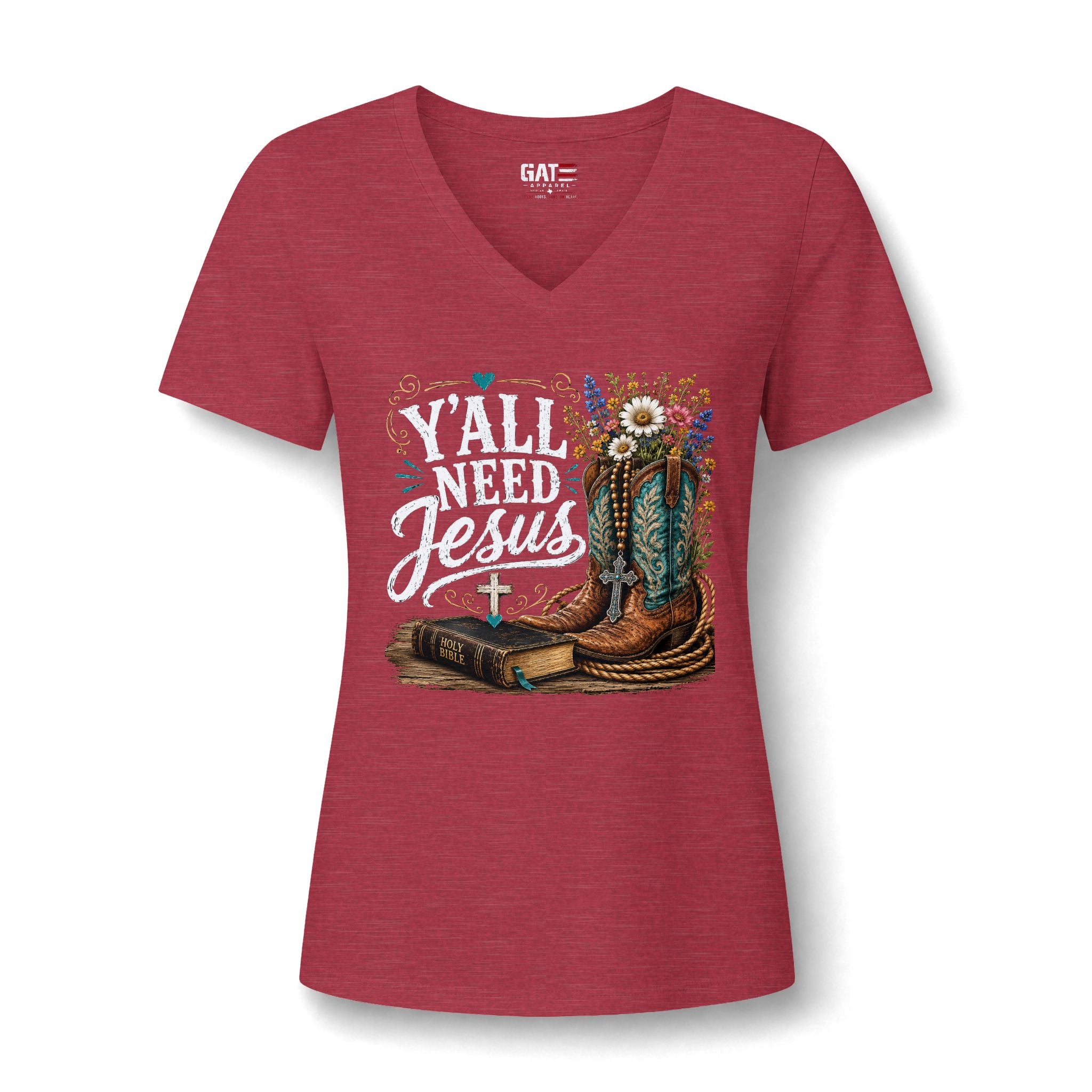 Y'all Need Jesus V-Neck Tee - Western Boots & Bible Christian Shirt