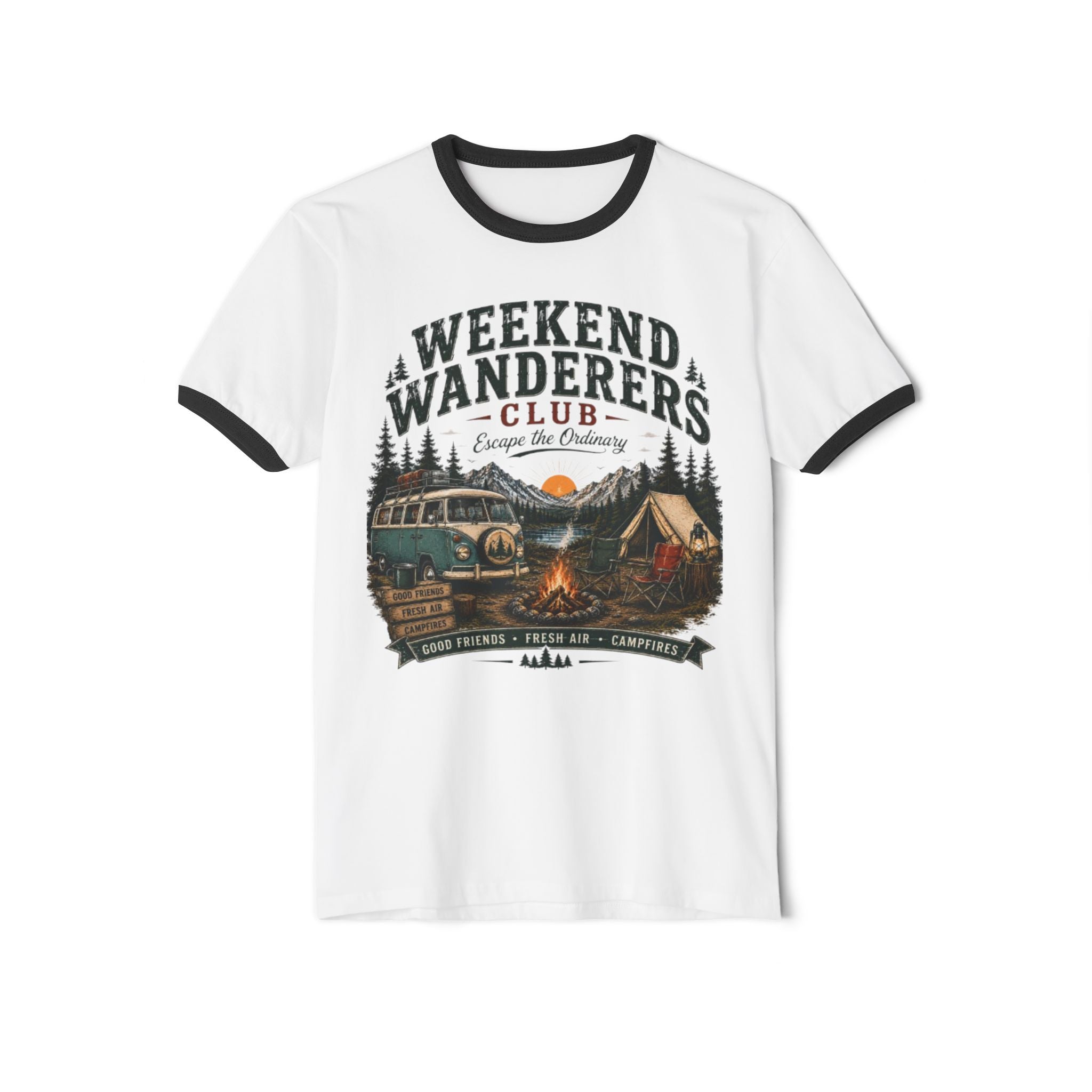 Weekend Wanderers Club Ringer Tee – Vintage Camping Van & Campfire T-Shirt