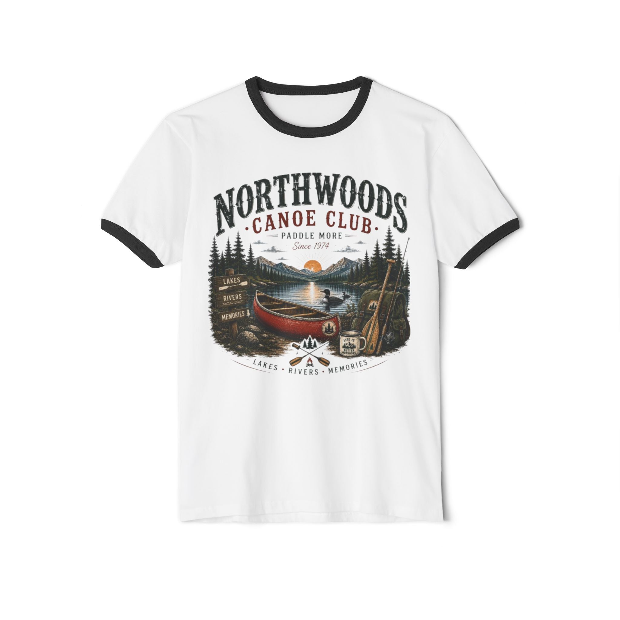 Northwoods Canoe Club Ringer T-Shirt — Vintage Camping Lake Graphic