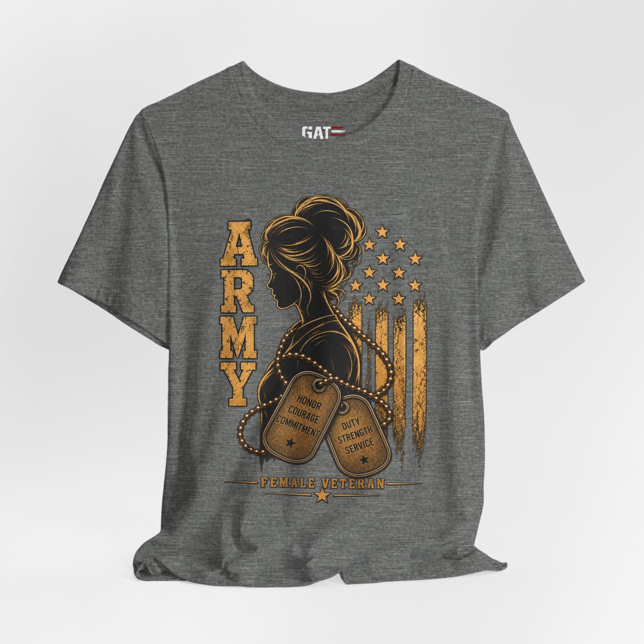 Female Army Vet Tee – Proud Military Mom Shirt with Dog Tags & American Flag