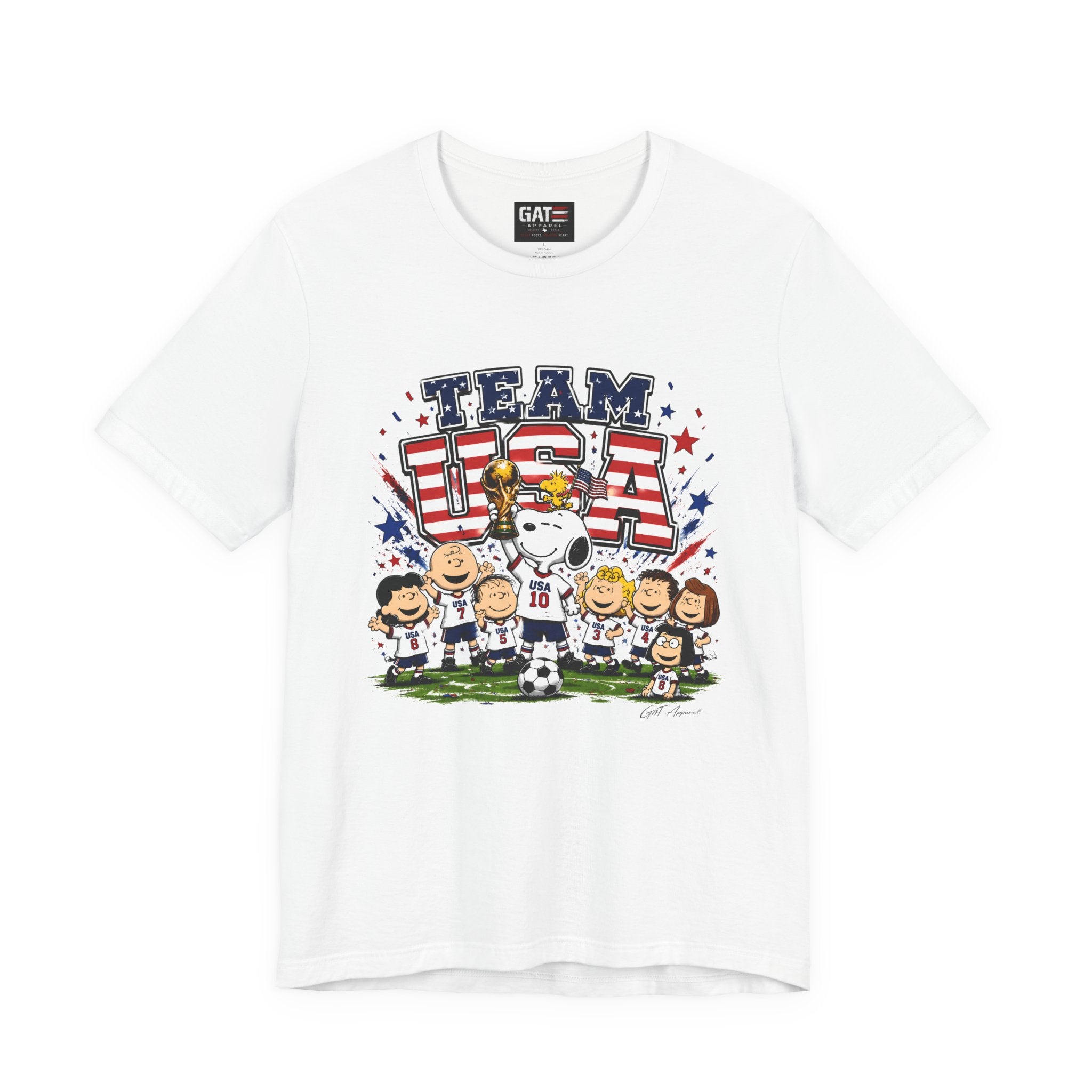 Team USA Soccer Peanuts Gang Shirt Patriotic Snoopy & Friends World Cup Celebration Tee