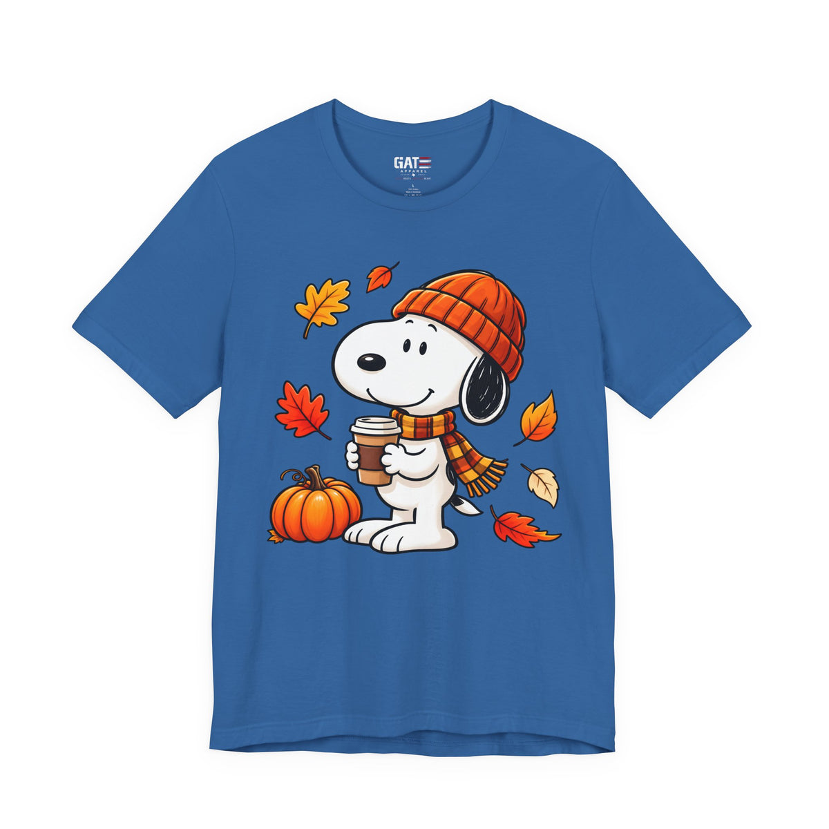 Snoopy coffee, pumpkins and autumn leaves graphic T-shirt, blue front view