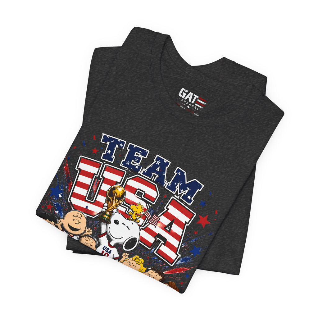 Team USA Soccer Peanuts Gang Shirt Patriotic Snoopy & Friends World Cup Celebration Tee